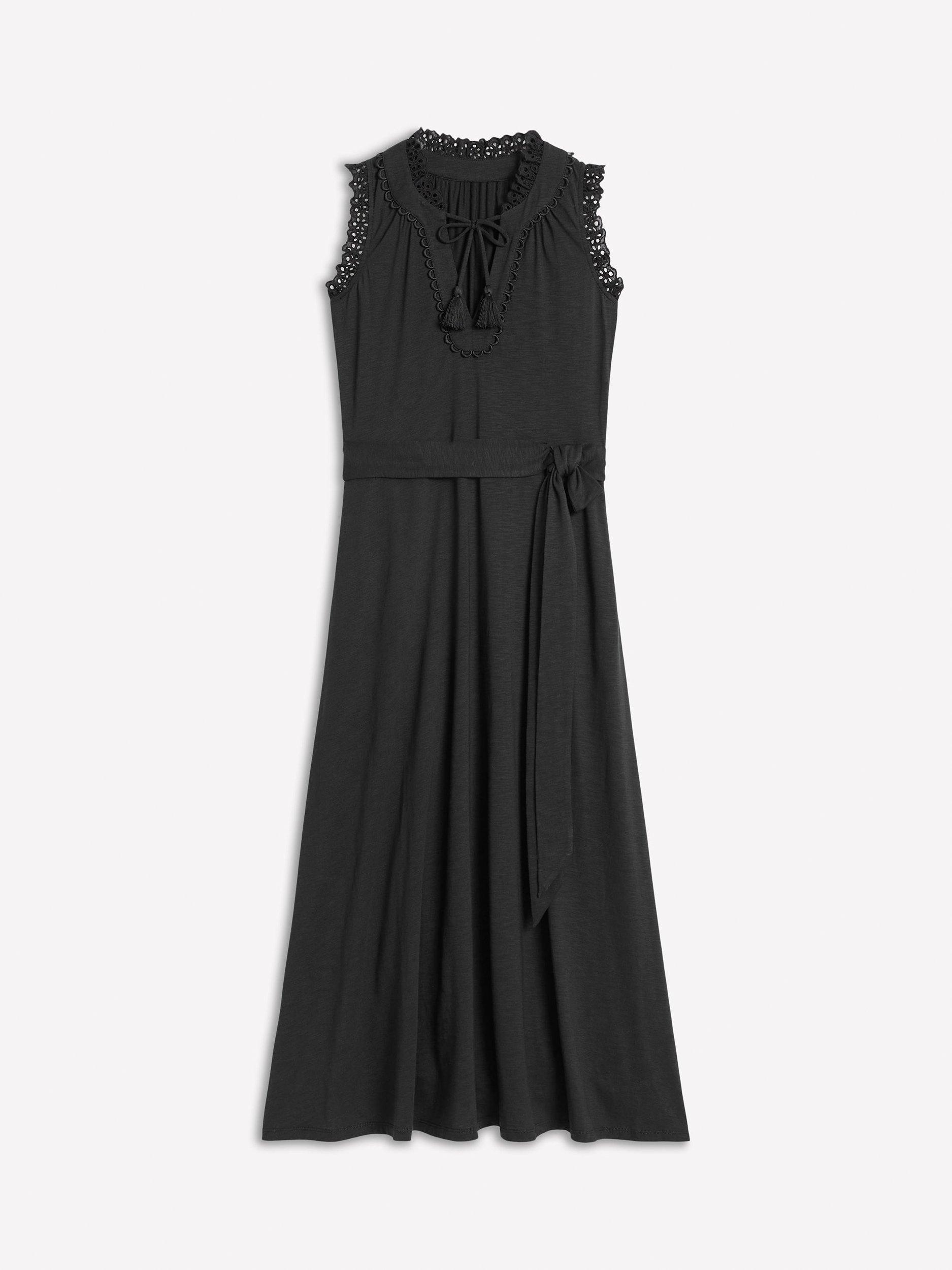 Product image 5 of 5, which shows Boden Aria Broderie Trim Cotton Modal Midi Dress, Black, 8