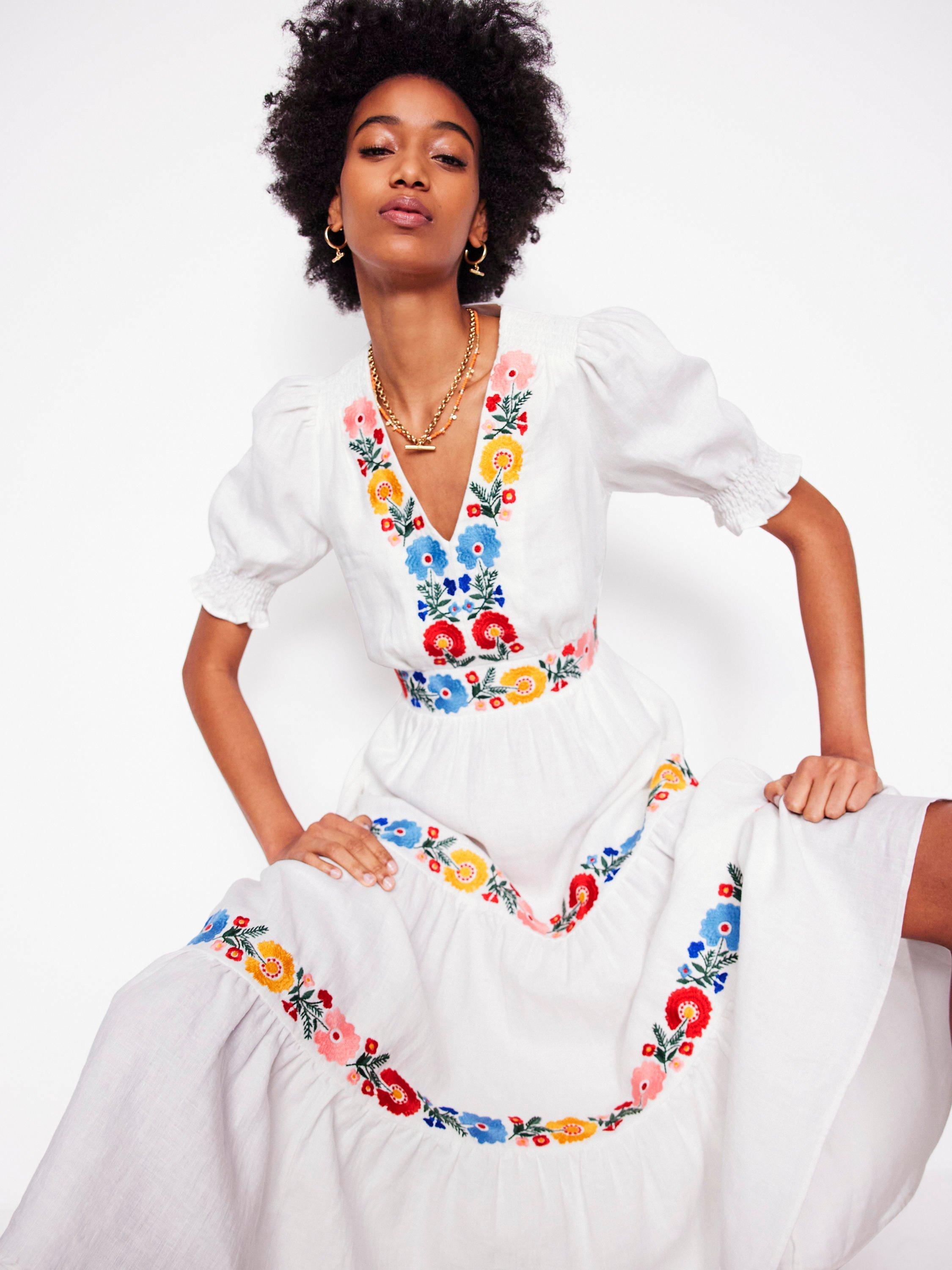 Product image 1 of 5, which shows Boden Anna Linen Embroidered Tiered Midi Dress, White/Multi, 8