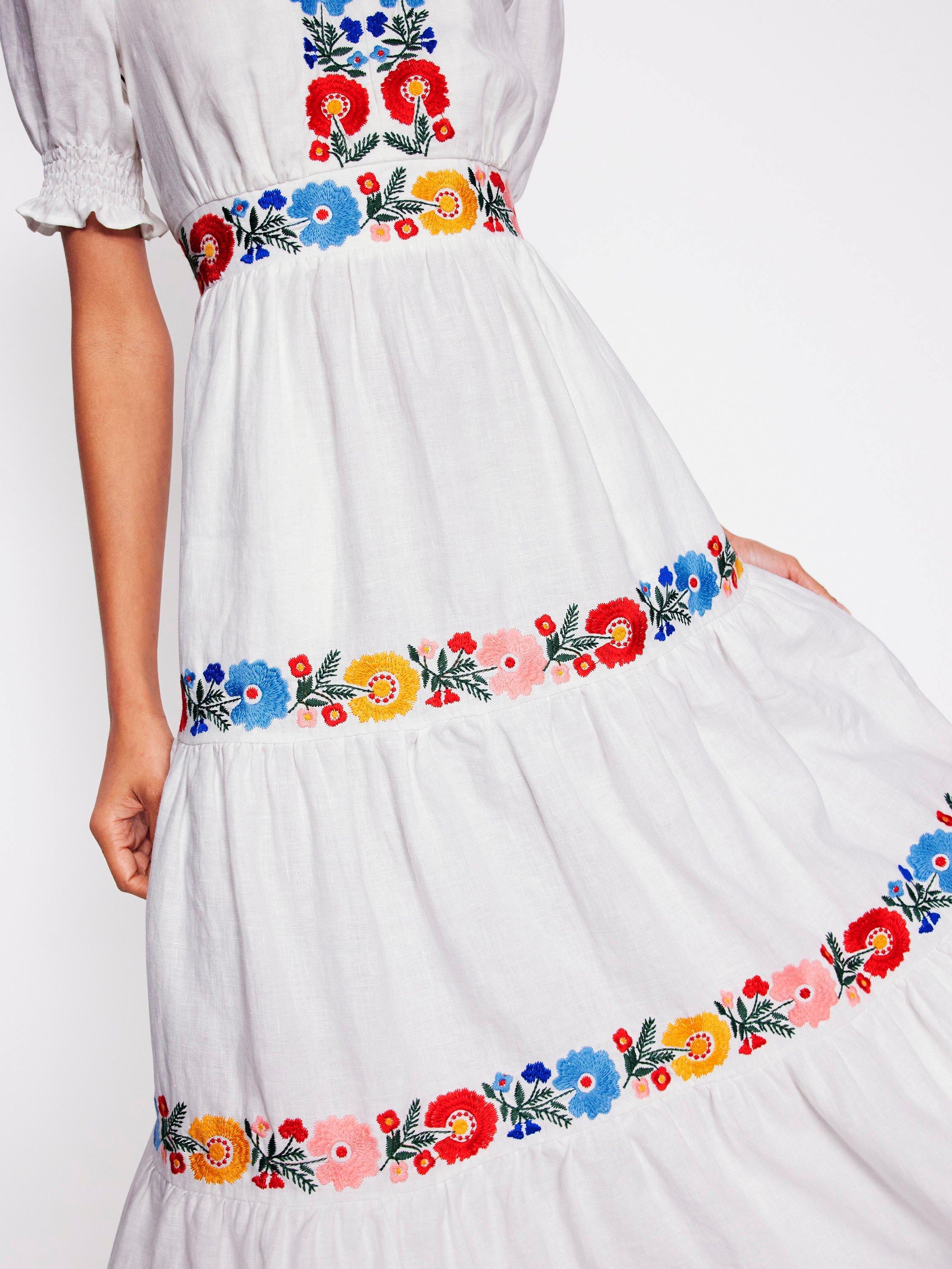 Product image 3 of 5, which shows Boden Anna Linen Embroidered Tiered Midi Dress, White/Multi, 8