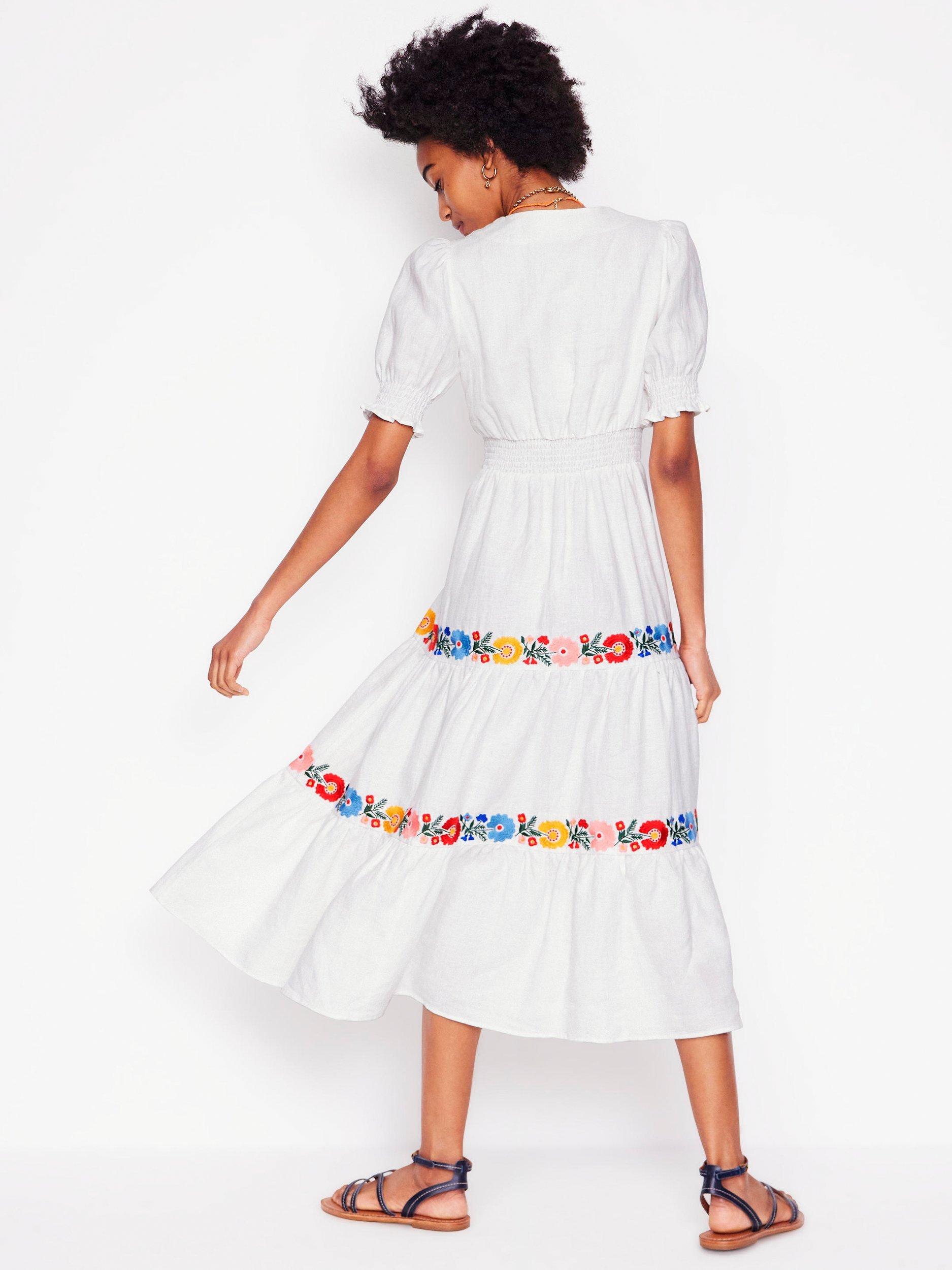 Product image 4 of 5, which shows Boden Anna Linen Embroidered Tiered Midi Dress, White/Multi, 8