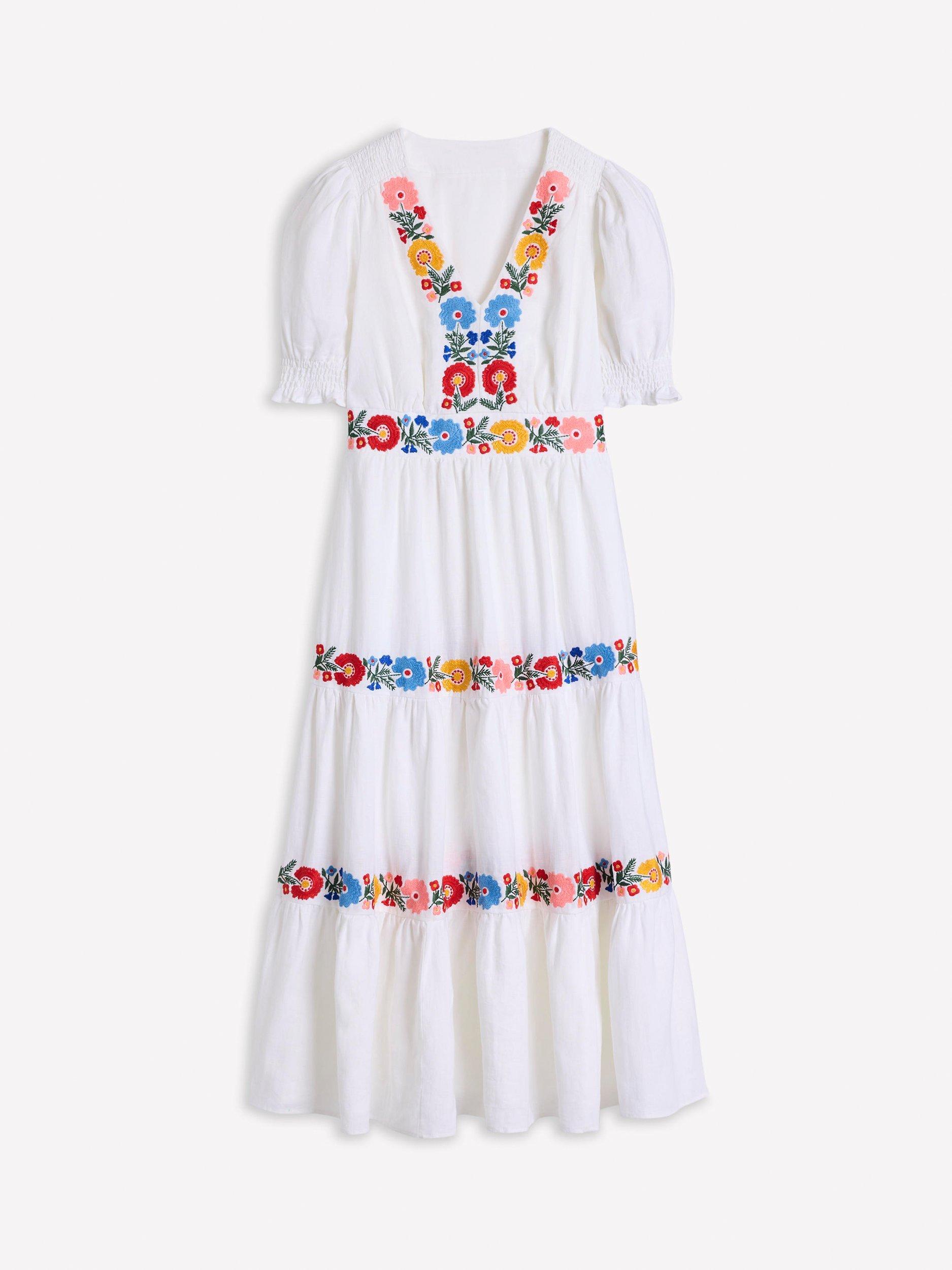Product image 5 of 5, which shows Boden Anna Linen Embroidered Tiered Midi Dress, White/Multi, 8