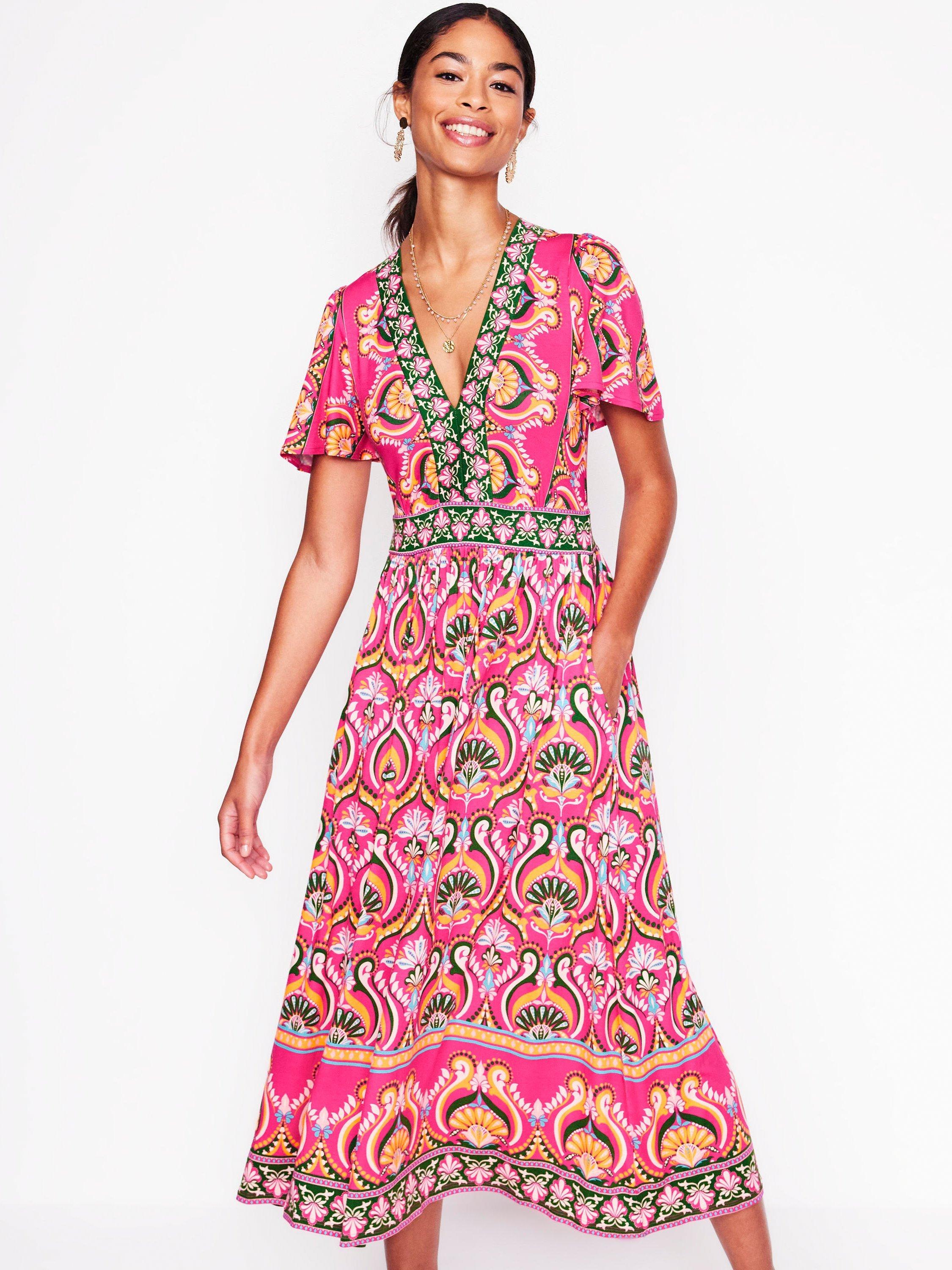 Product image 1 of 5, which shows Boden Ellie Flutter Sleeve Maxi Dress, Pink/Multi, 8