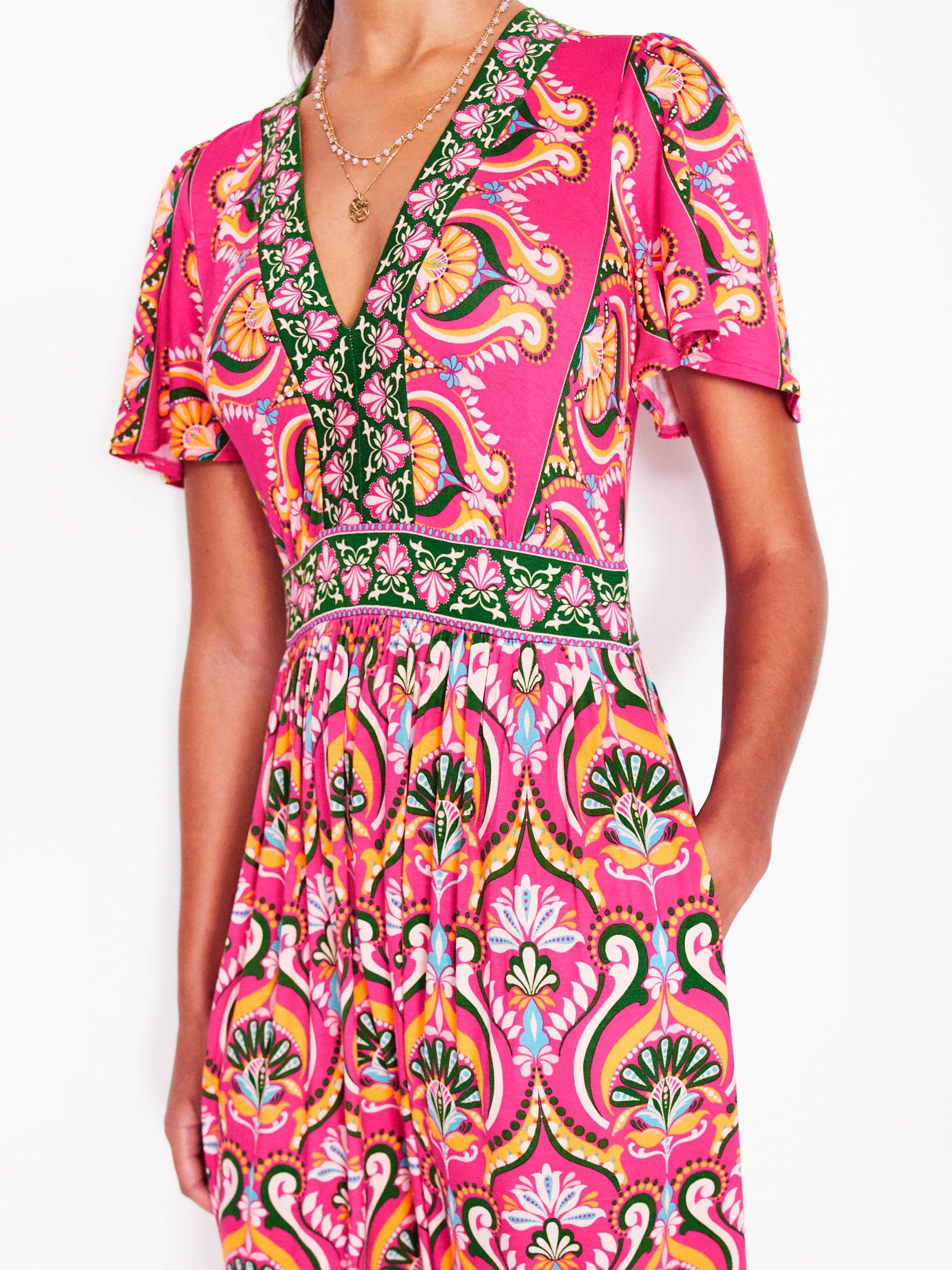 Product image 3 of 5, which shows Boden Ellie Flutter Sleeve Maxi Dress, Pink/Multi, 8