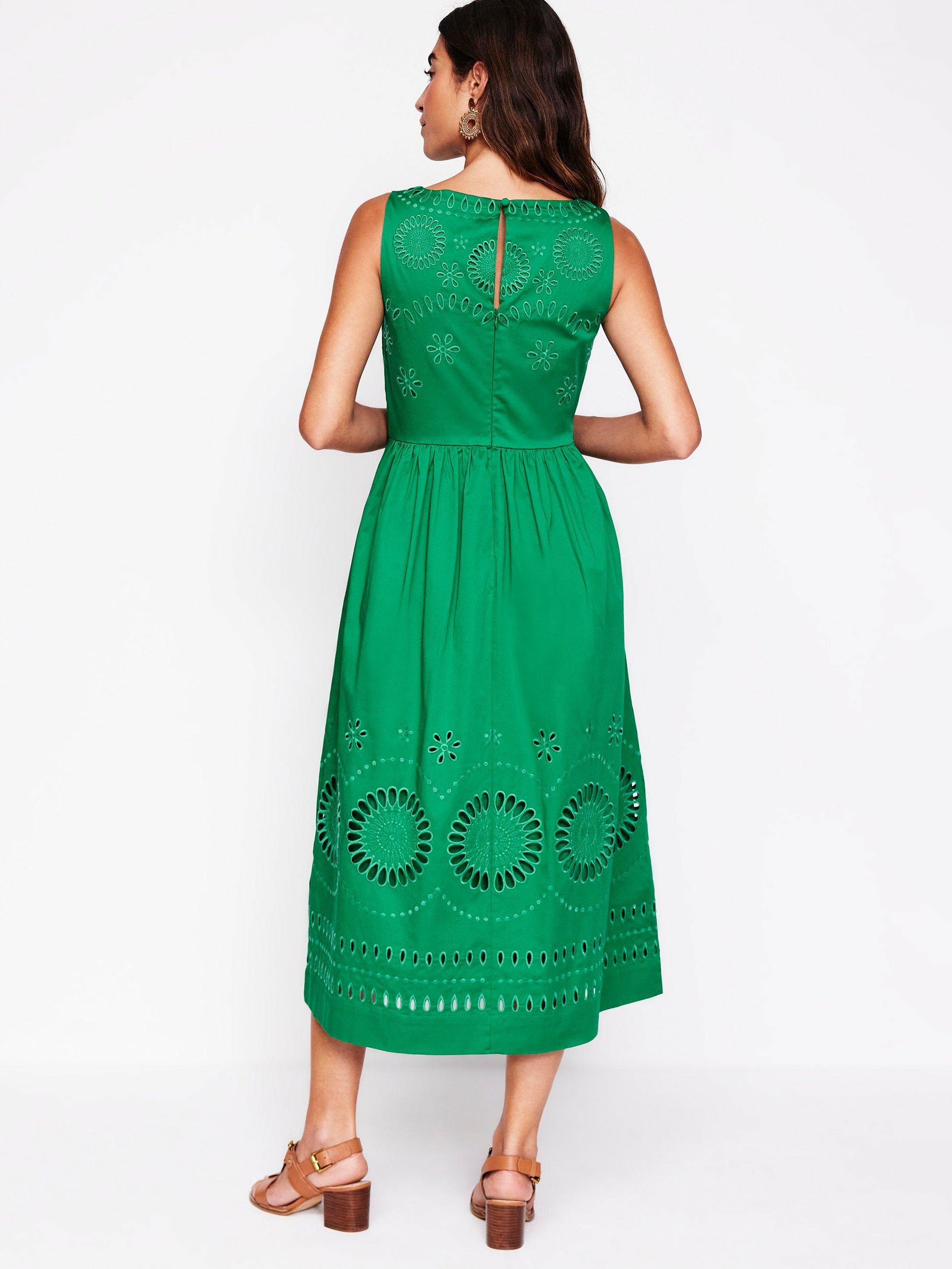 Product image 3 of 6, which shows Boden Lauren Broderie Anglaise Midi Dress, Rich Emerald, 10