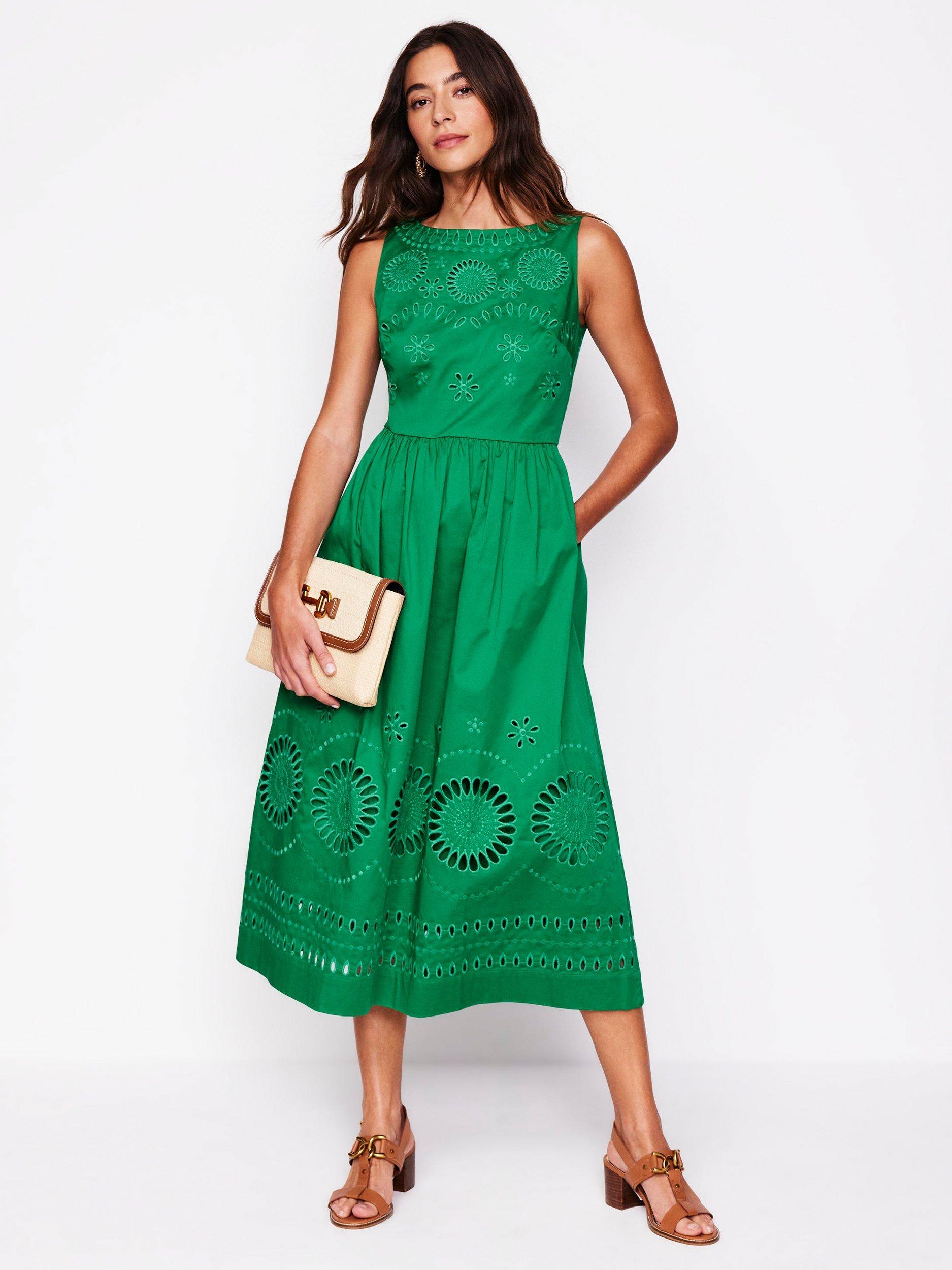 Product image 4 of 6, which shows Boden Lauren Broderie Anglaise Midi Dress, Rich Emerald, 10