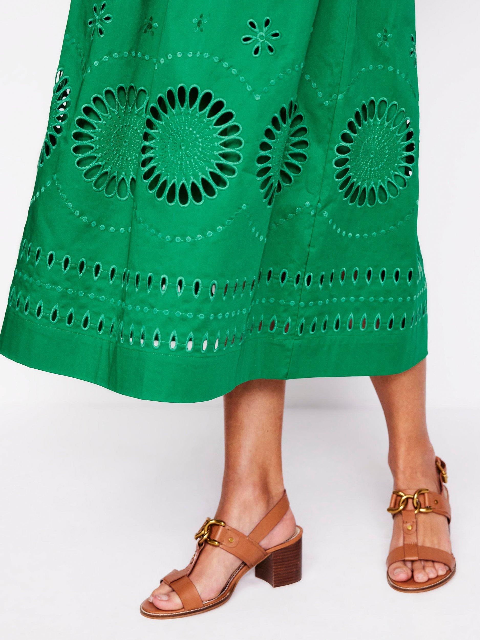Product image 5 of 6, which shows Boden Lauren Broderie Anglaise Midi Dress, Rich Emerald, 10