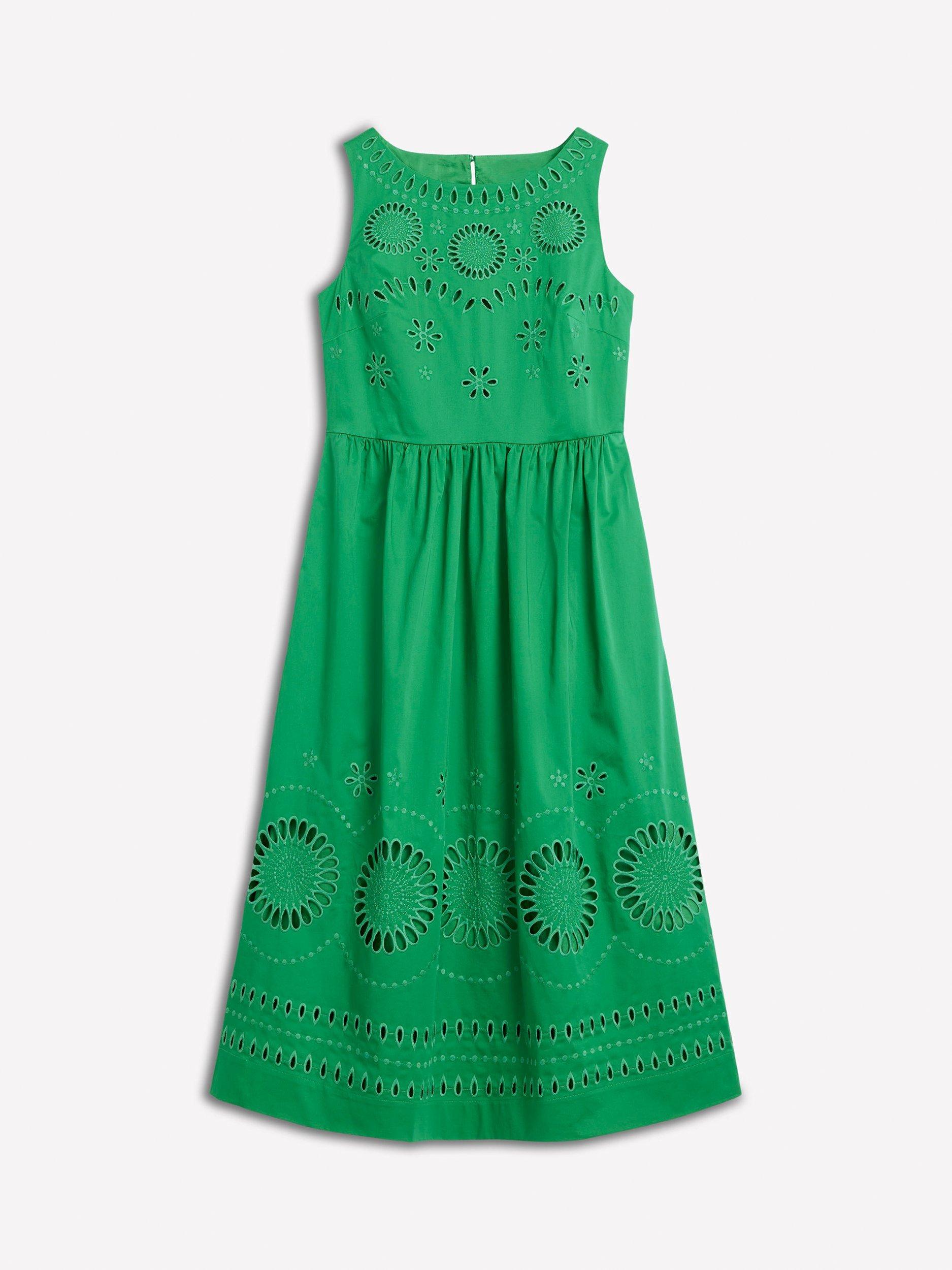 Product image 6 of 6, which shows Boden Lauren Broderie Anglaise Midi Dress, Rich Emerald, 10