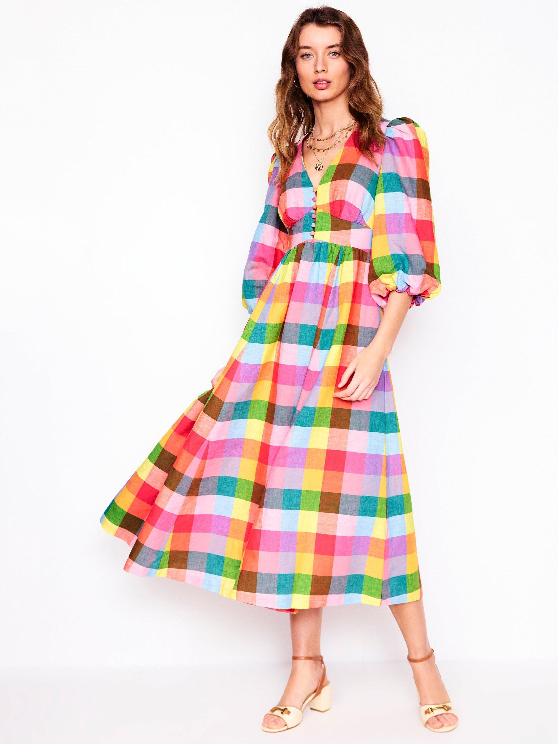 Product image 1 of 5, which shows Boden Lola Check Blouson Sleeve Midi Dress, Multi, 8