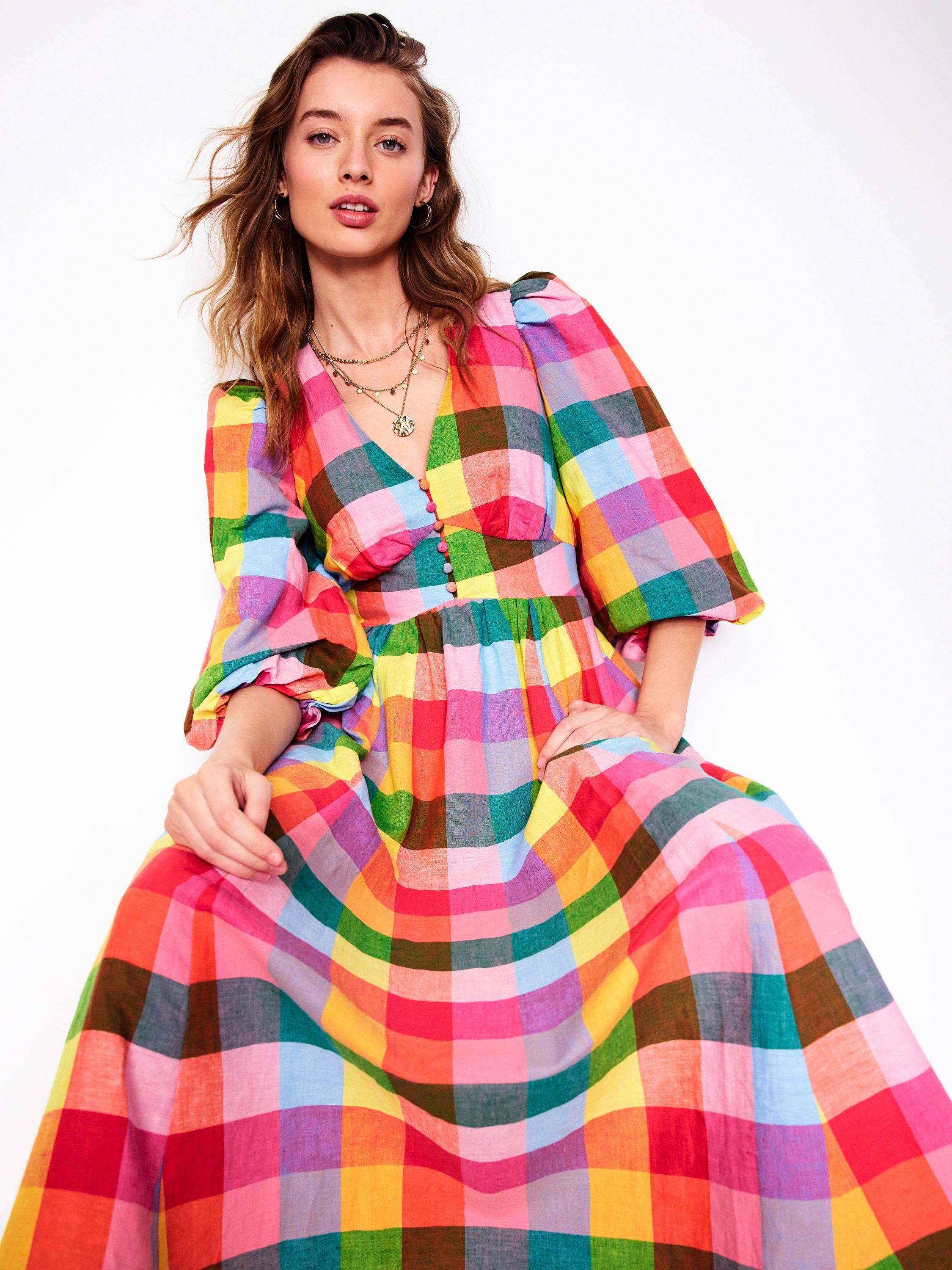 Product image 2 of 5, which shows Boden Lola Check Blouson Sleeve Midi Dress, Multi, 8
