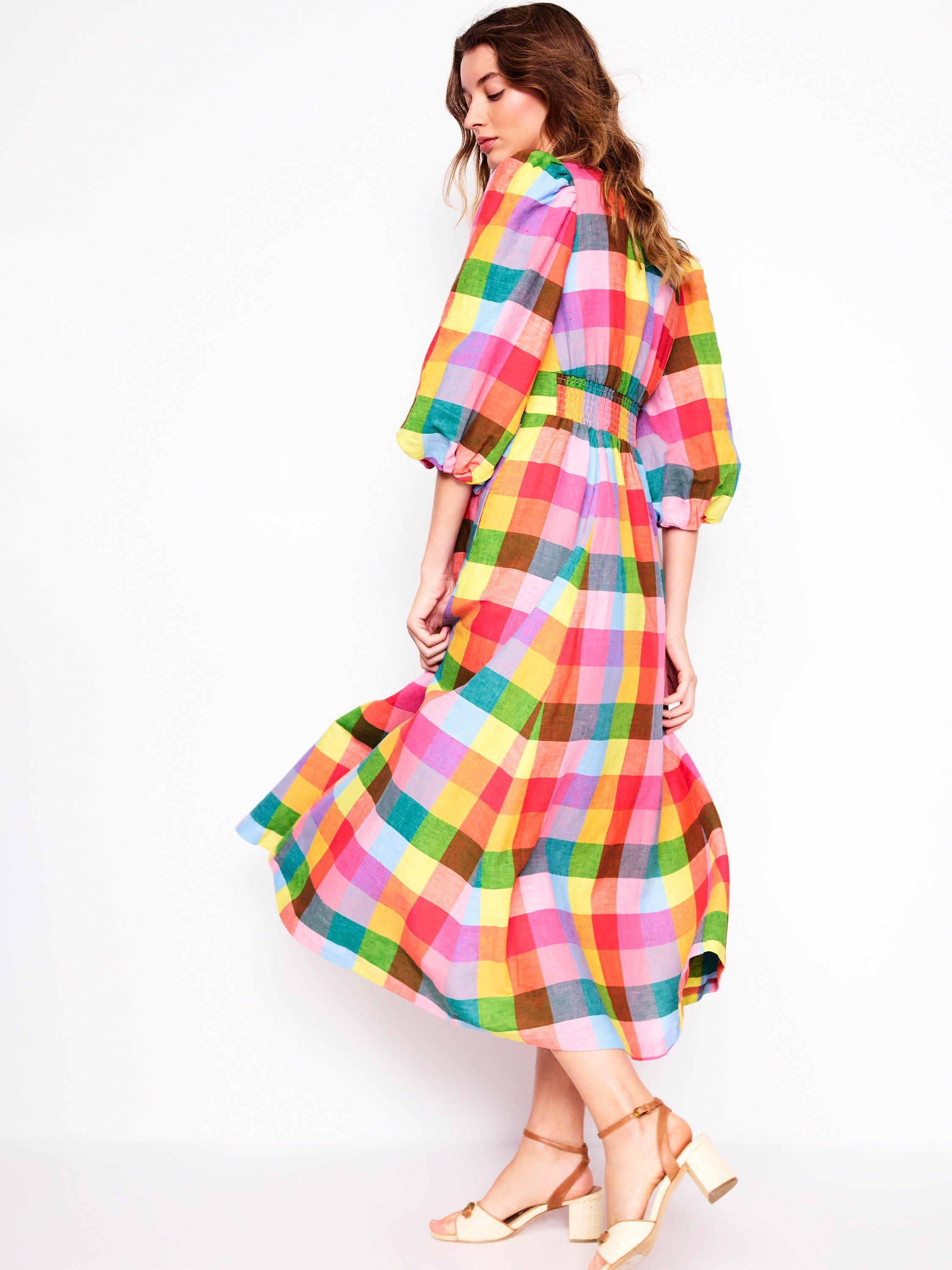 Product image 3 of 5, which shows Boden Lola Check Blouson Sleeve Midi Dress, Multi, 8