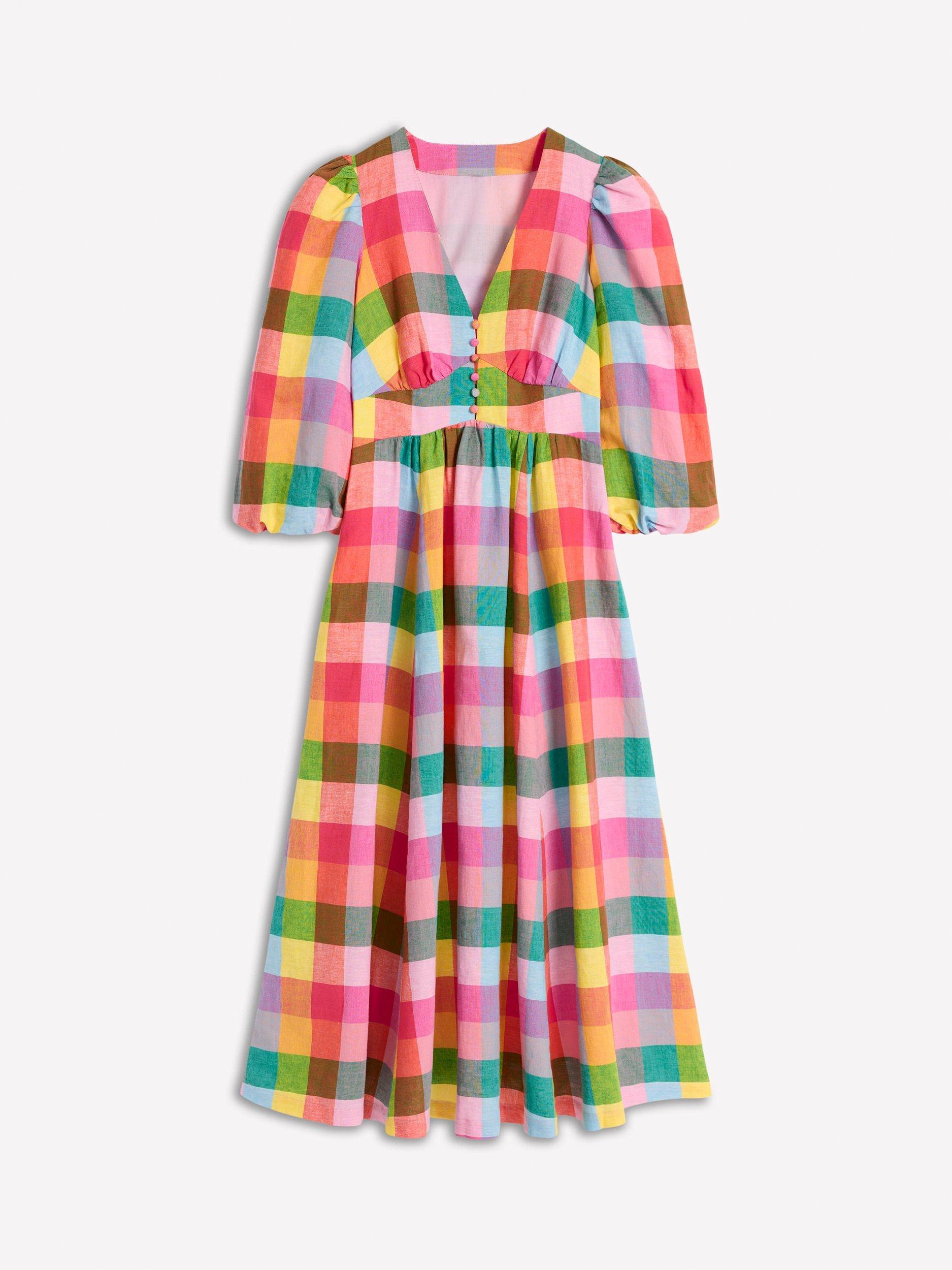 Product image 5 of 5, which shows Boden Lola Check Blouson Sleeve Midi Dress, Multi, 8