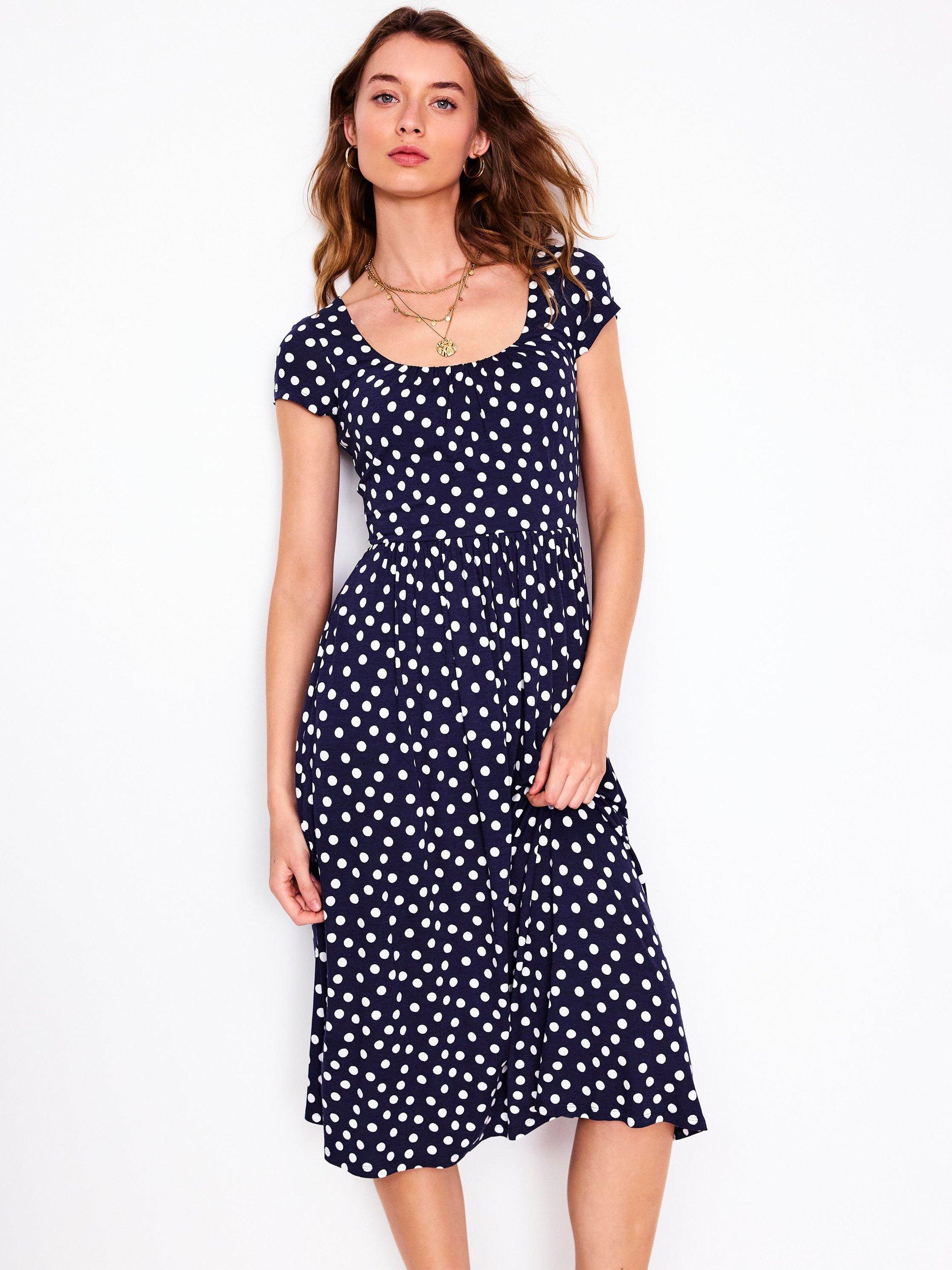Product image 1 of 5, which shows Boden Samantha Spot Print Scoop Neck Dress, Navy/Multi, 8