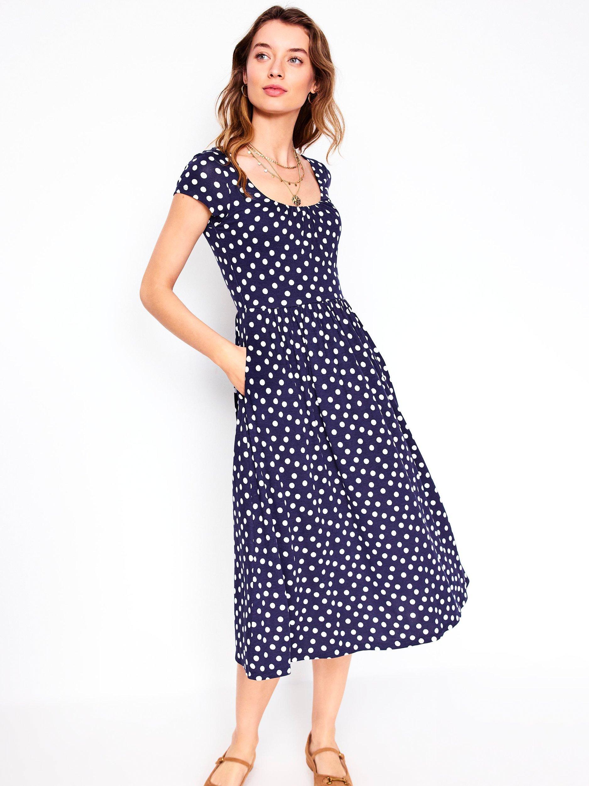 Product image 4 of 5, which shows Boden Samantha Spot Print Scoop Neck Dress, Navy/Multi, 8