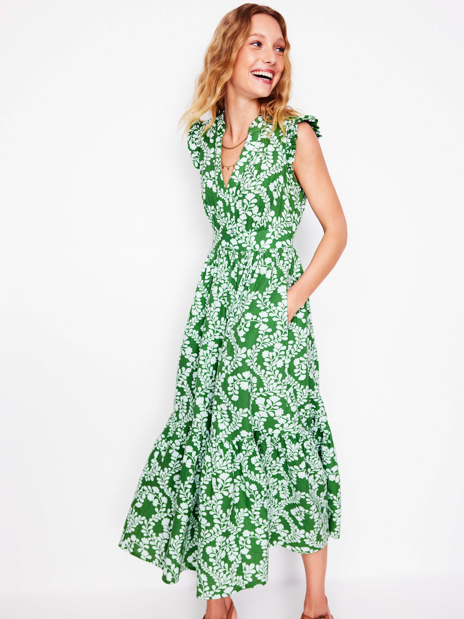 Boden Wren Cotton Double Cloth Midi Dress, Paradise Green/Multi