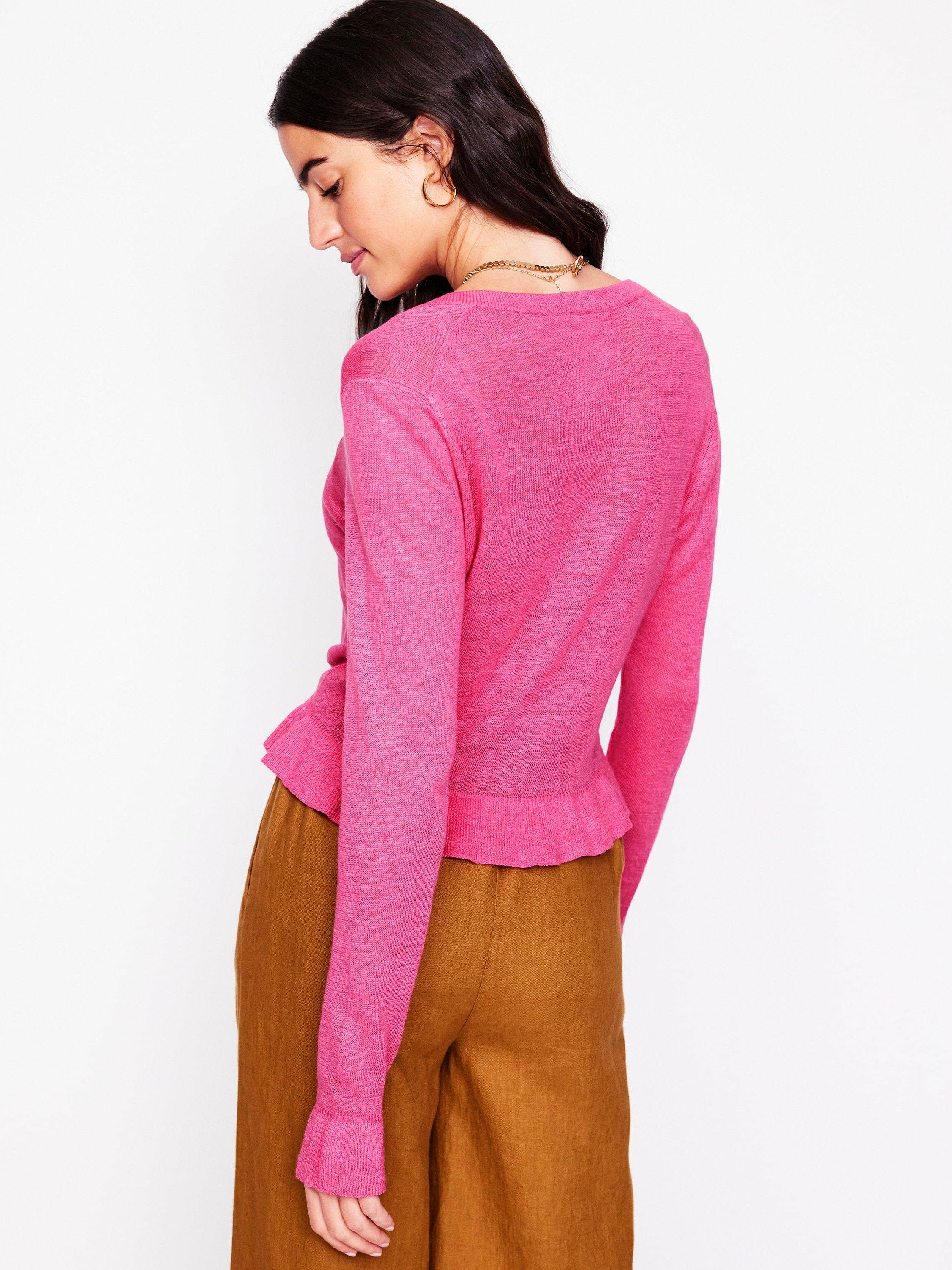 Product image 3 of 6, which shows Boden Josie Frill Hem Pure Linen Cardigan, Sorbet Pink, XS