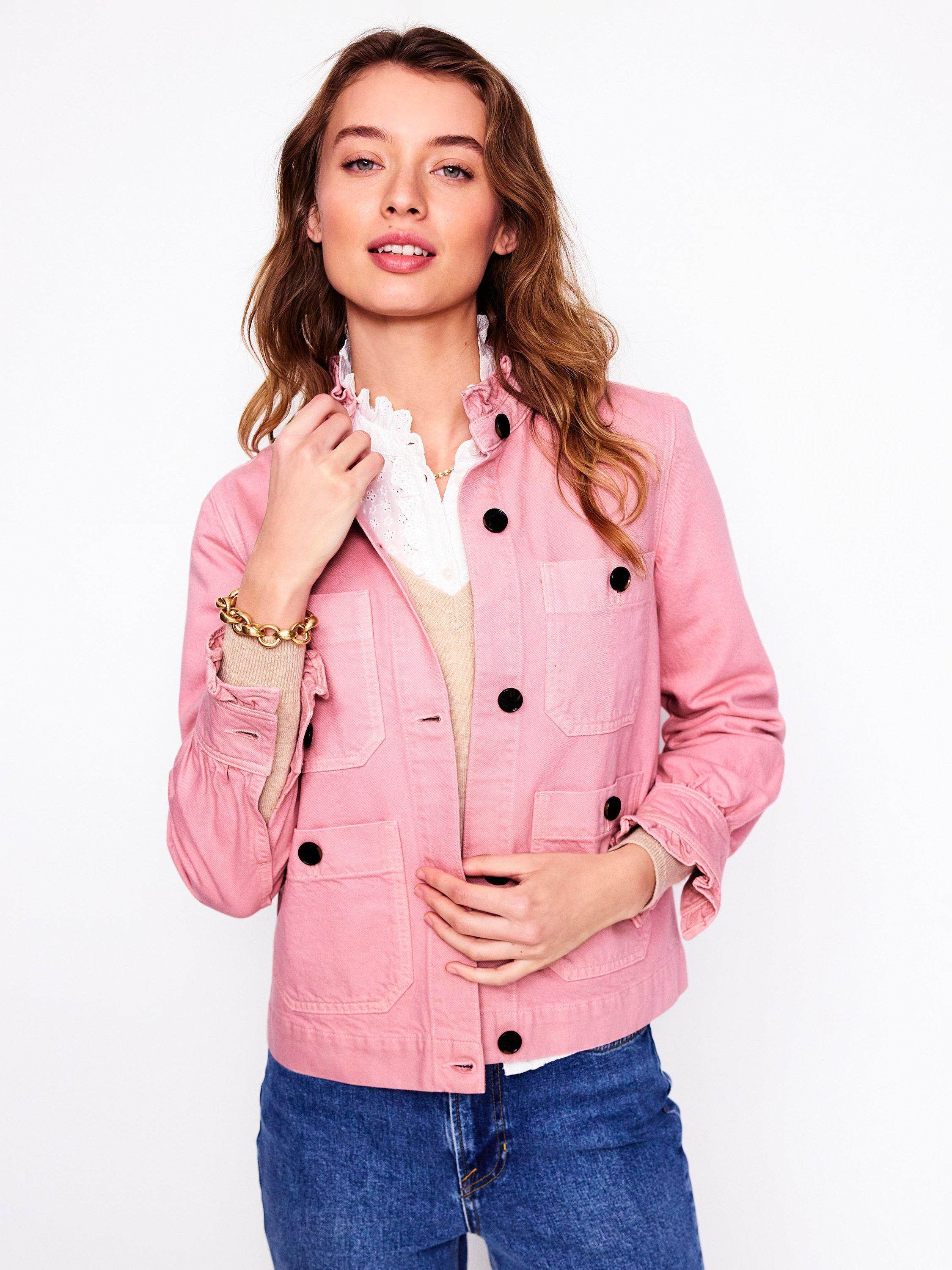 Product image 4 of 5, which shows Boden Frill Collar Denim Jacket, Almond Pink, 12