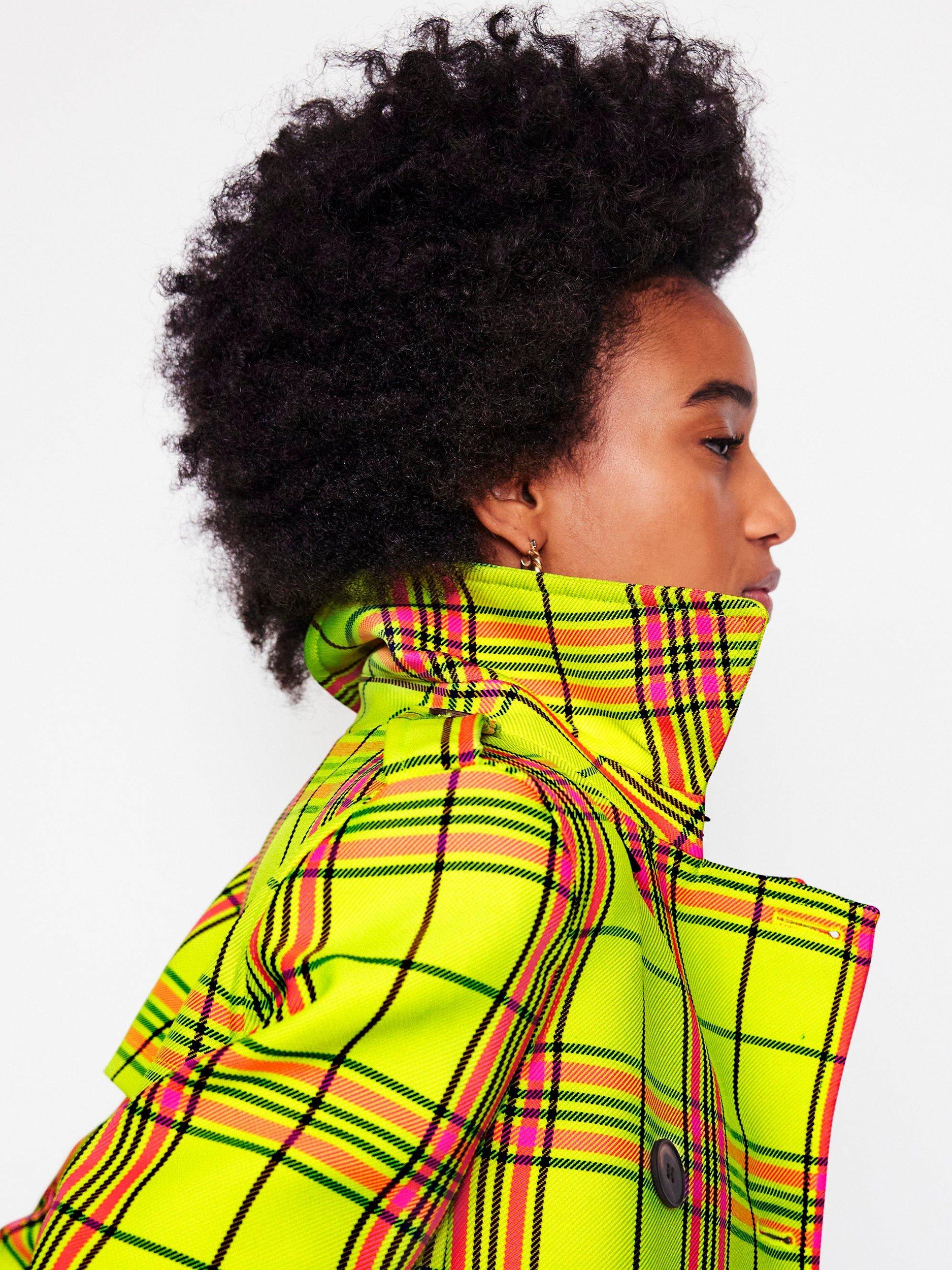 Product image 2 of 6, which shows Boden Mayfair Check Cropped Trench Coat, Neon Yellow/Multi, 12