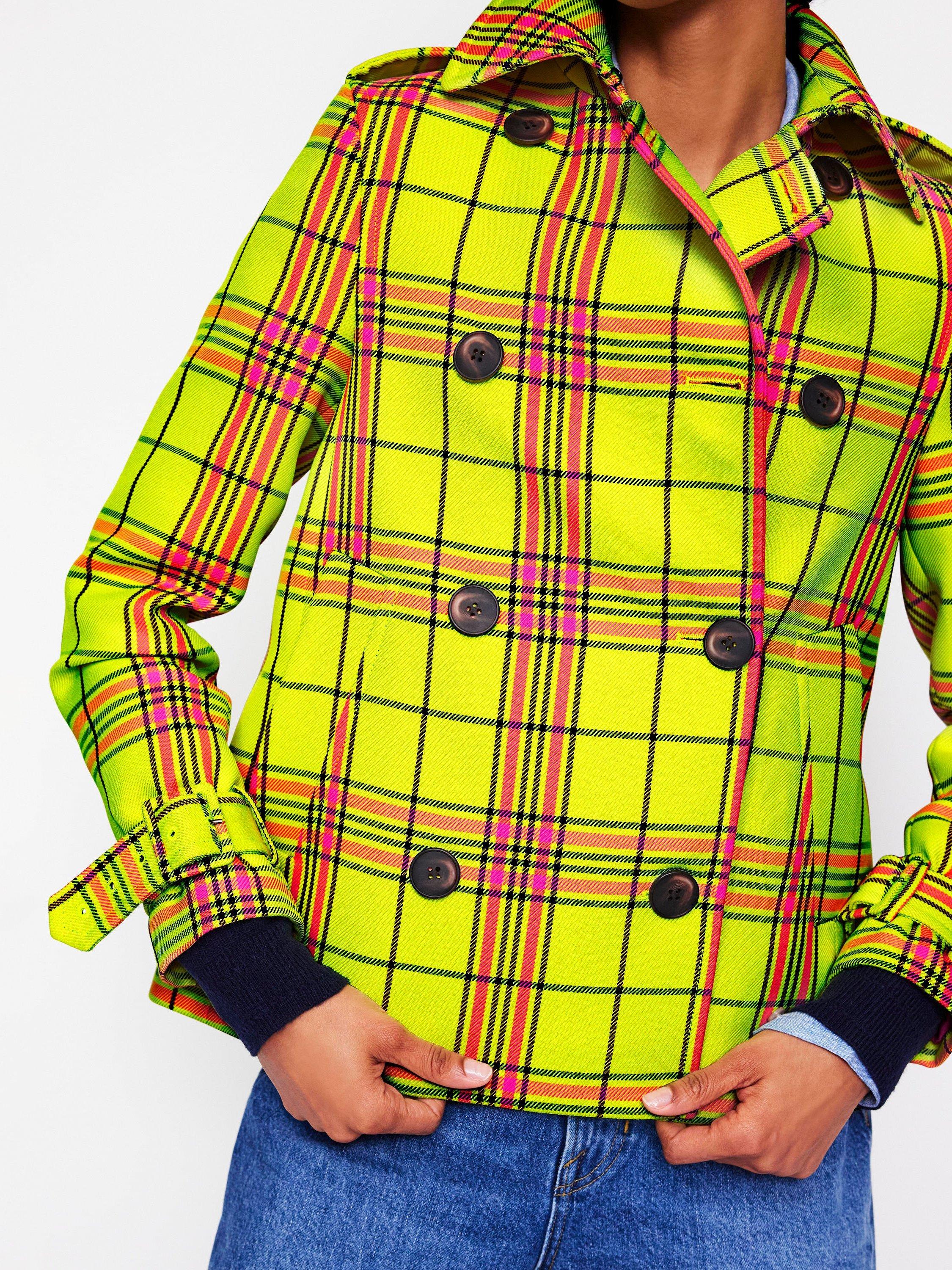 Product image 3 of 6, which shows Boden Mayfair Check Cropped Trench Coat, Neon Yellow/Multi, 12