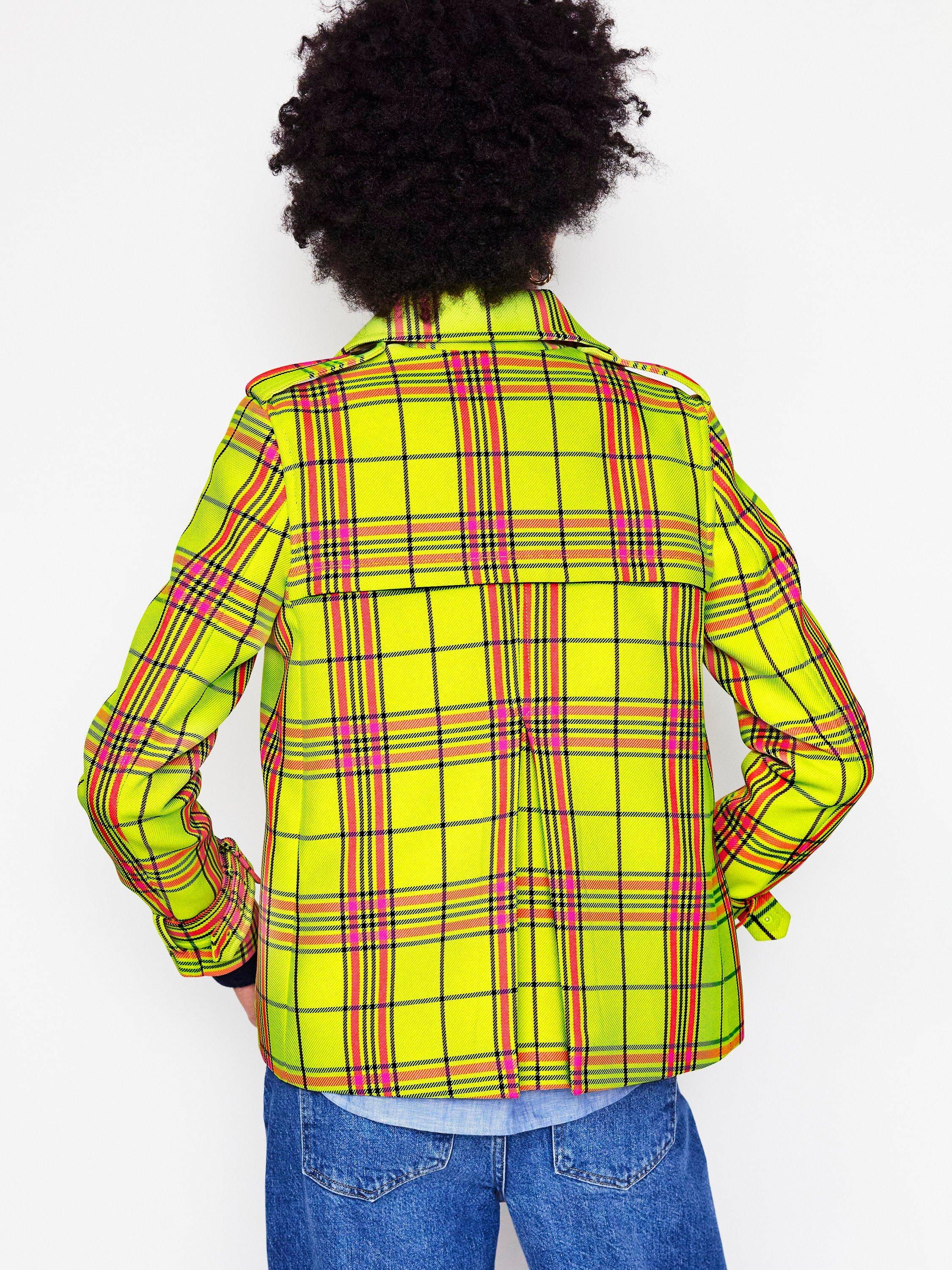 Product image 4 of 6, which shows Boden Mayfair Check Cropped Trench Coat, Neon Yellow/Multi, 12
