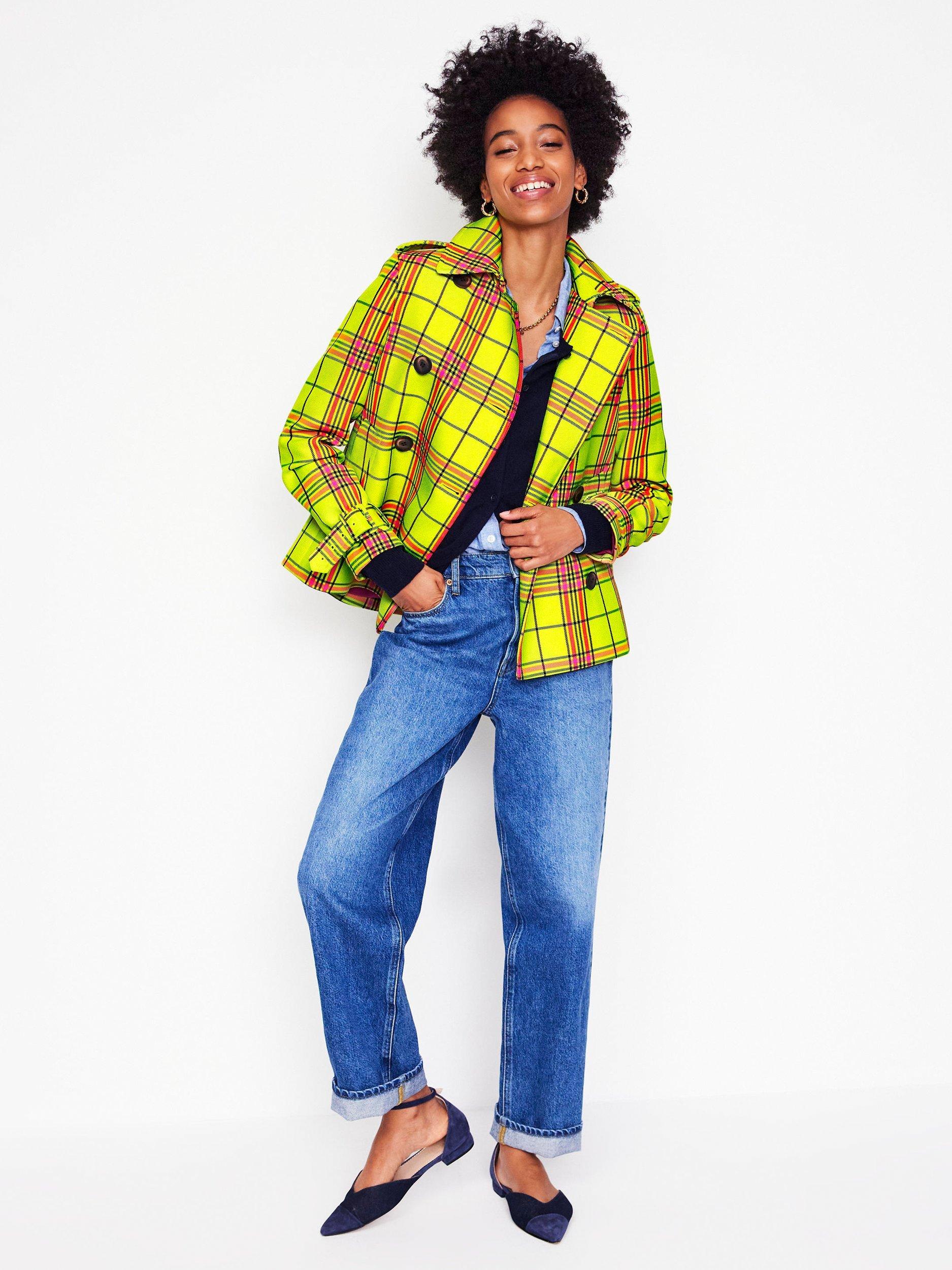 Product image 5 of 6, which shows Boden Mayfair Check Cropped Trench Coat, Neon Yellow/Multi, 12