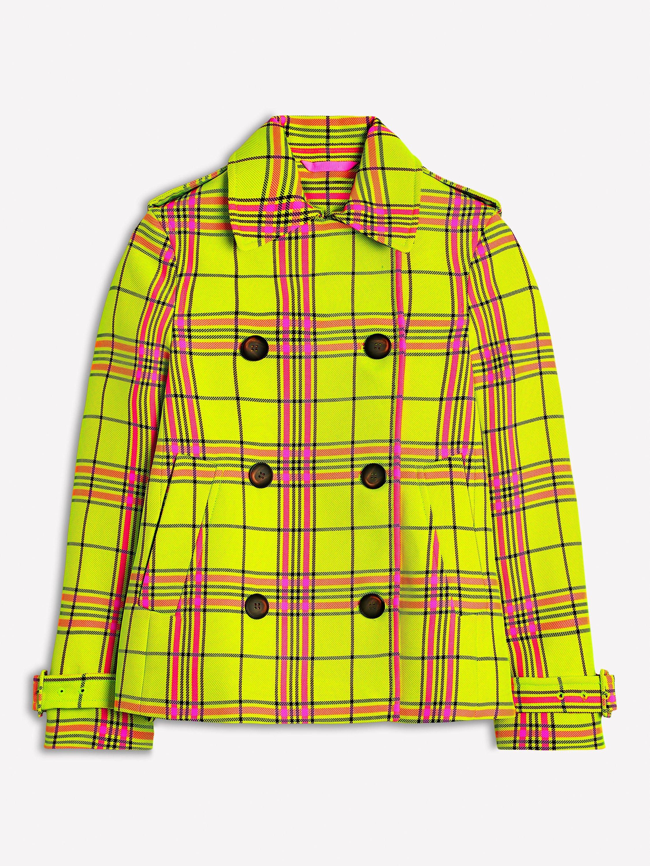 Product image 6 of 6, which shows Boden Mayfair Check Cropped Trench Coat, Neon Yellow/Multi, 12