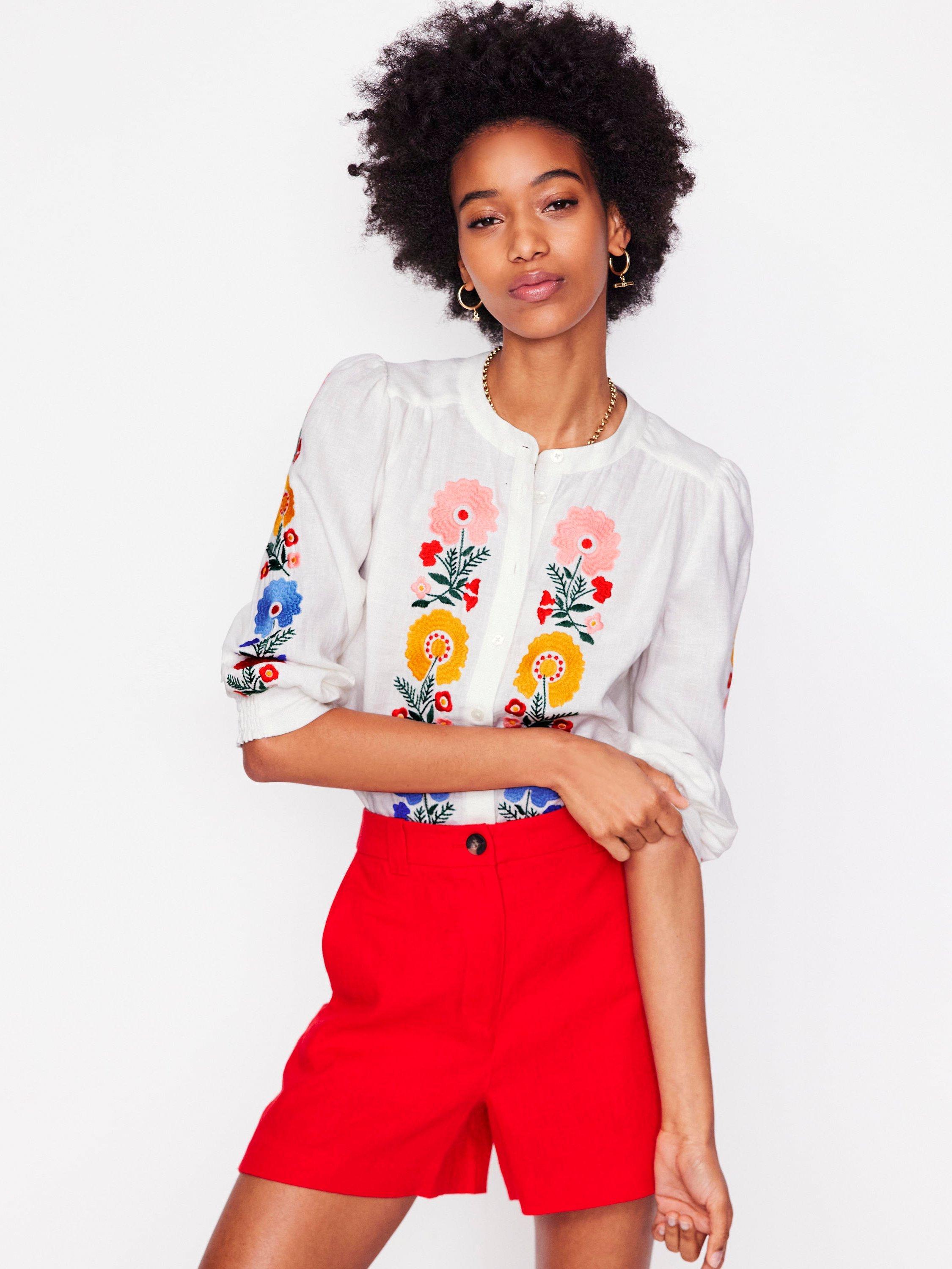 Product image 1 of 1, which shows Boden Alicia Linen Embroidered Top, White/Multi, 8