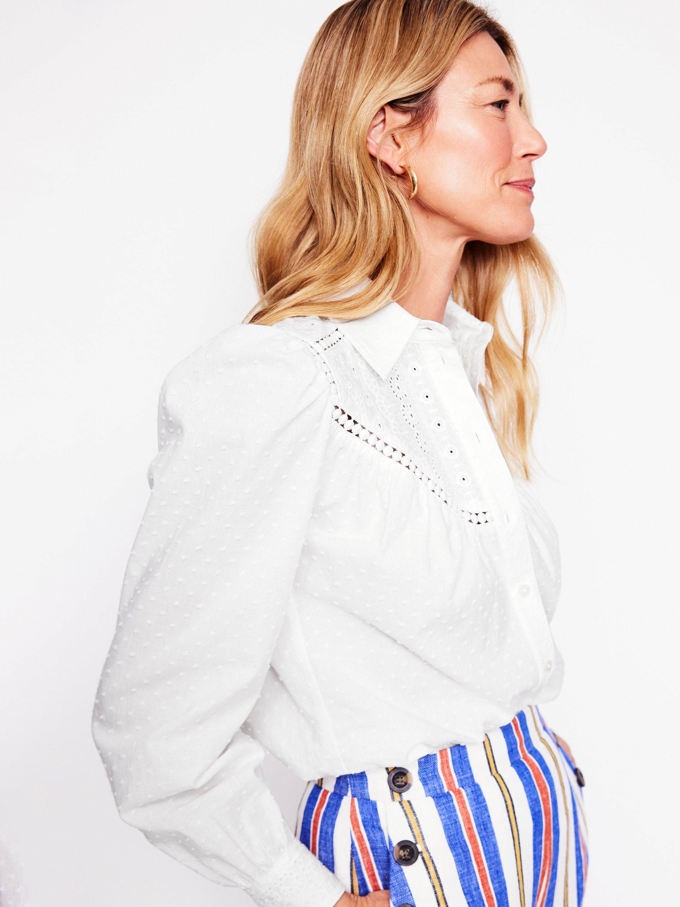 Product image 2 of 5, which shows Boden Cotton Broderie Western Long Sleeve Blouse, White, 18