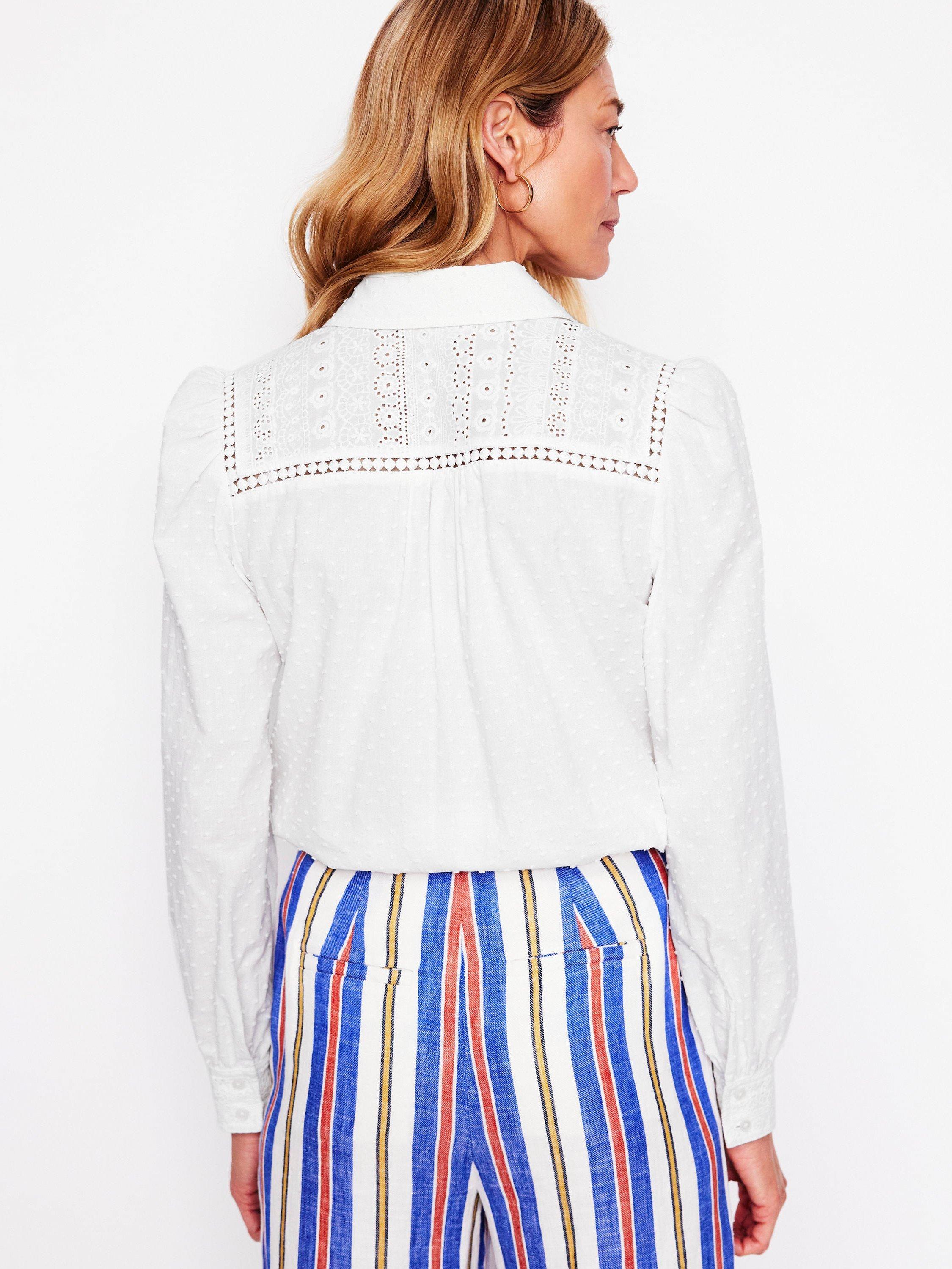Product image 3 of 5, which shows Boden Cotton Broderie Western Long Sleeve Blouse, White, 18
