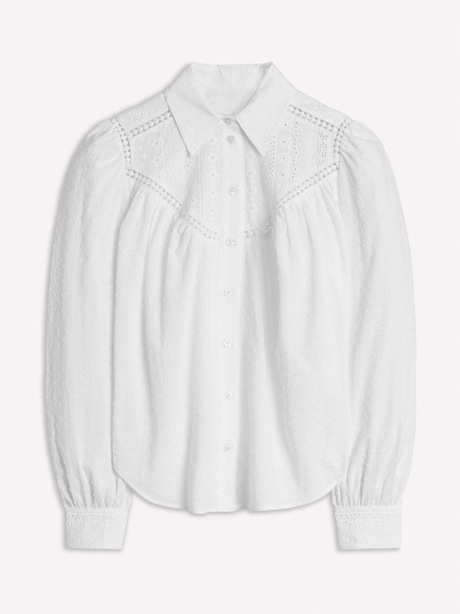 Product image 5 of 5, which shows Boden Cotton Broderie Western Long Sleeve Blouse, White, 18
