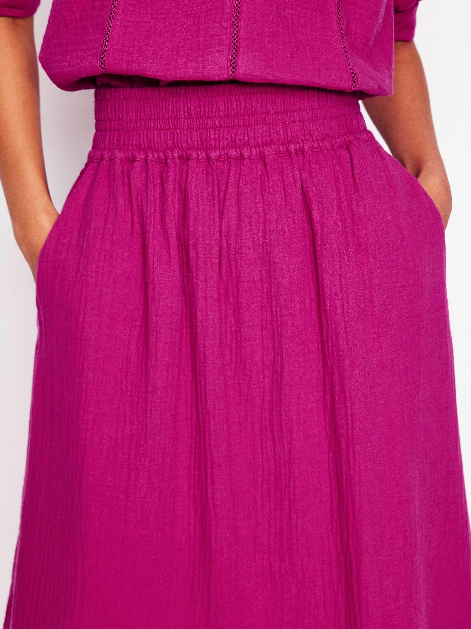 Product image 2 of 5, which shows Boden Cotton Doublecloth Smocked Midi Skirt, Fuchsia, 8