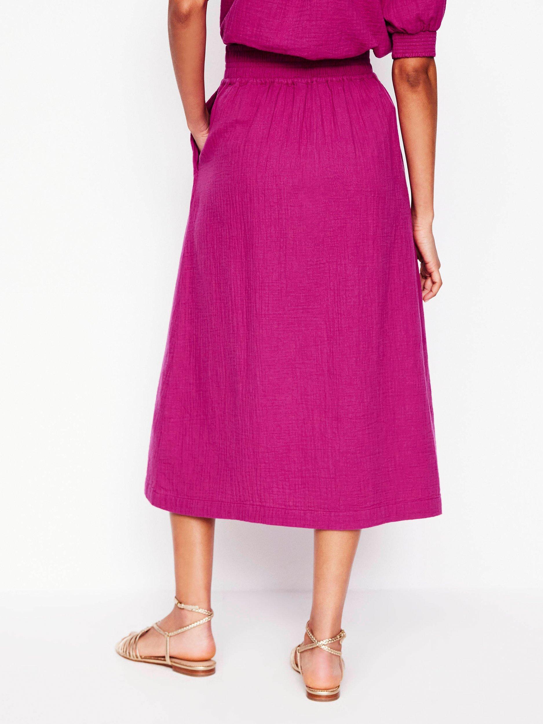 Product image 3 of 5, which shows Boden Cotton Doublecloth Smocked Midi Skirt, Fuchsia, 8