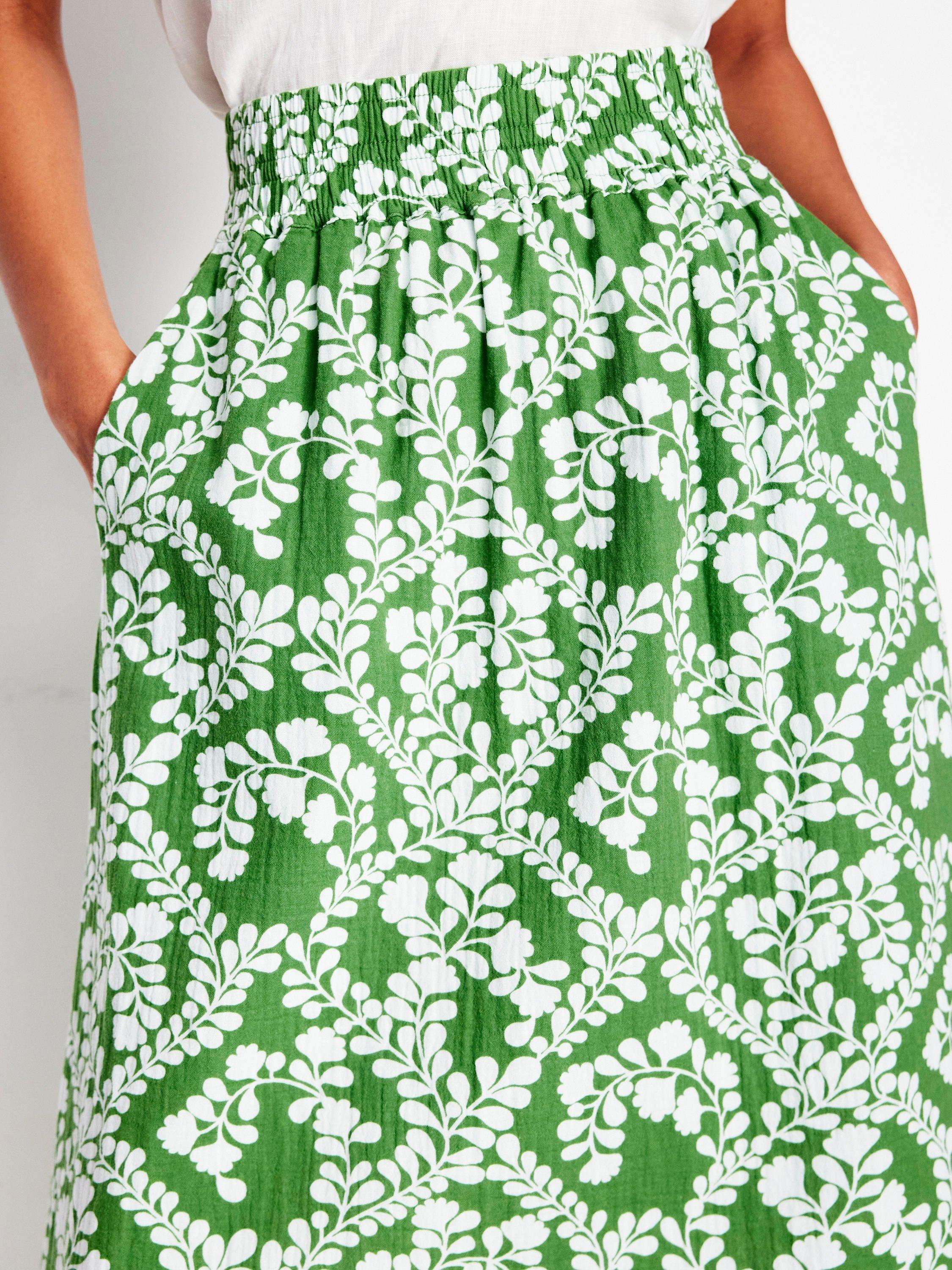 Product image 2 of 5, which shows Boden Cotton Doublecloth Floral Print Smocked Midi Skirt, Green/Multi, 12