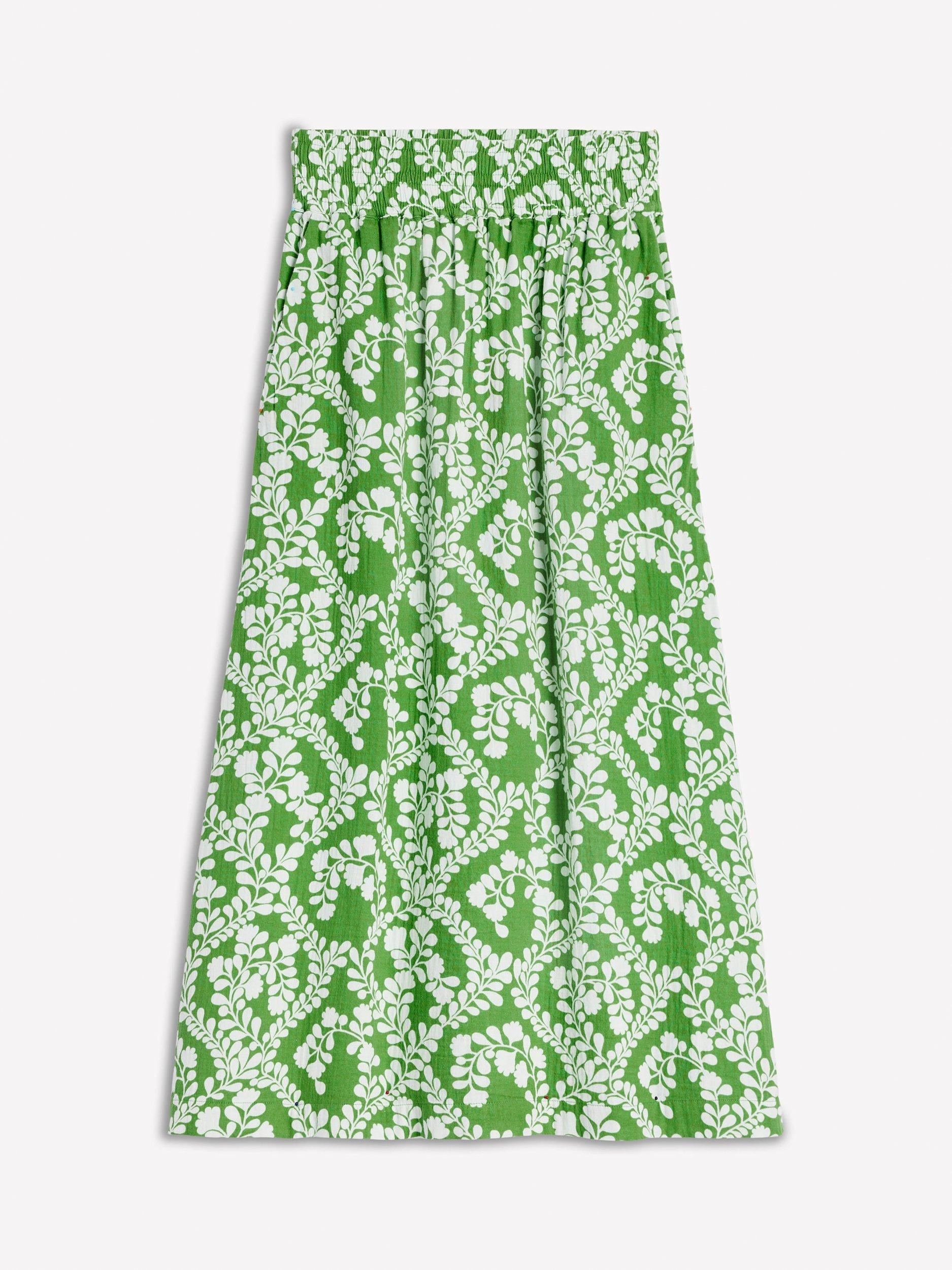 Product image 5 of 5, which shows Boden Cotton Doublecloth Floral Print Smocked Midi Skirt, Green/Multi, 12