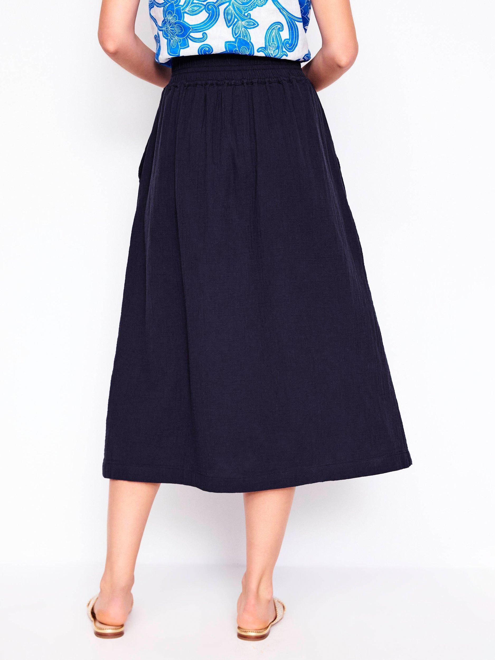 Product image 3 of 5, which shows Boden Cotton Doublecloth Smocked Midi Skirt, Navy, 8