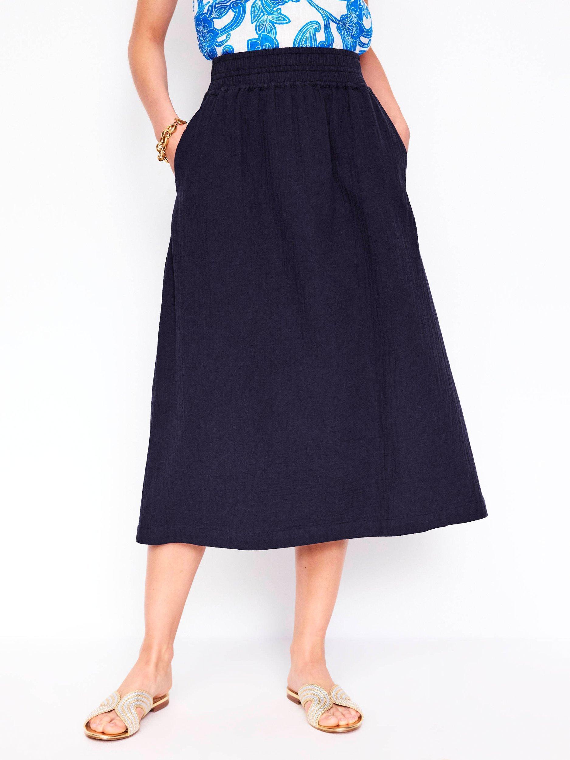 Product image 4 of 5, which shows Boden Cotton Doublecloth Smocked Midi Skirt, Navy, 8