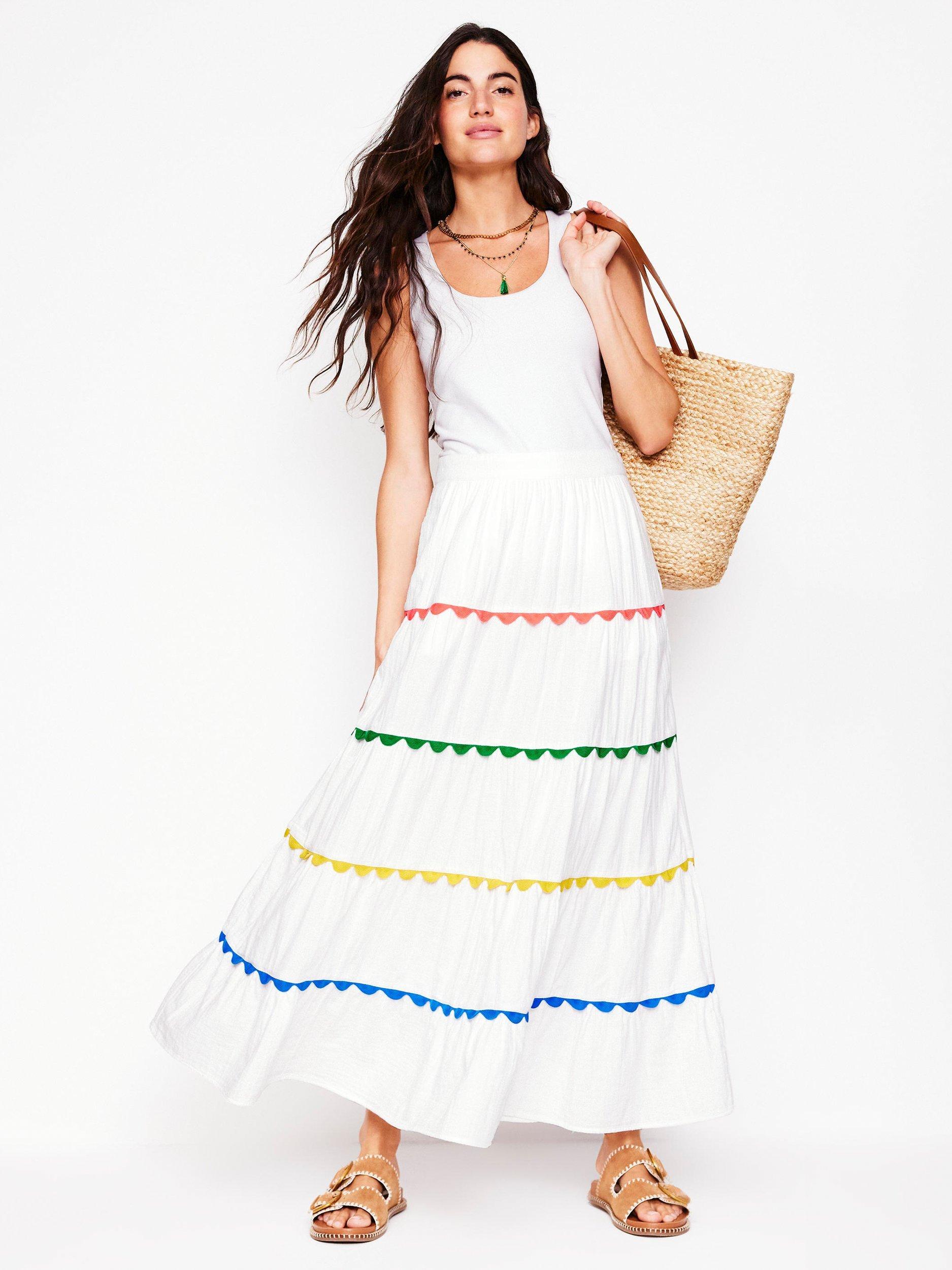 Product image 1 of 5, which shows Boden Nadia Cotton Doublecloth Tiered Maxi Skirt, White, 8