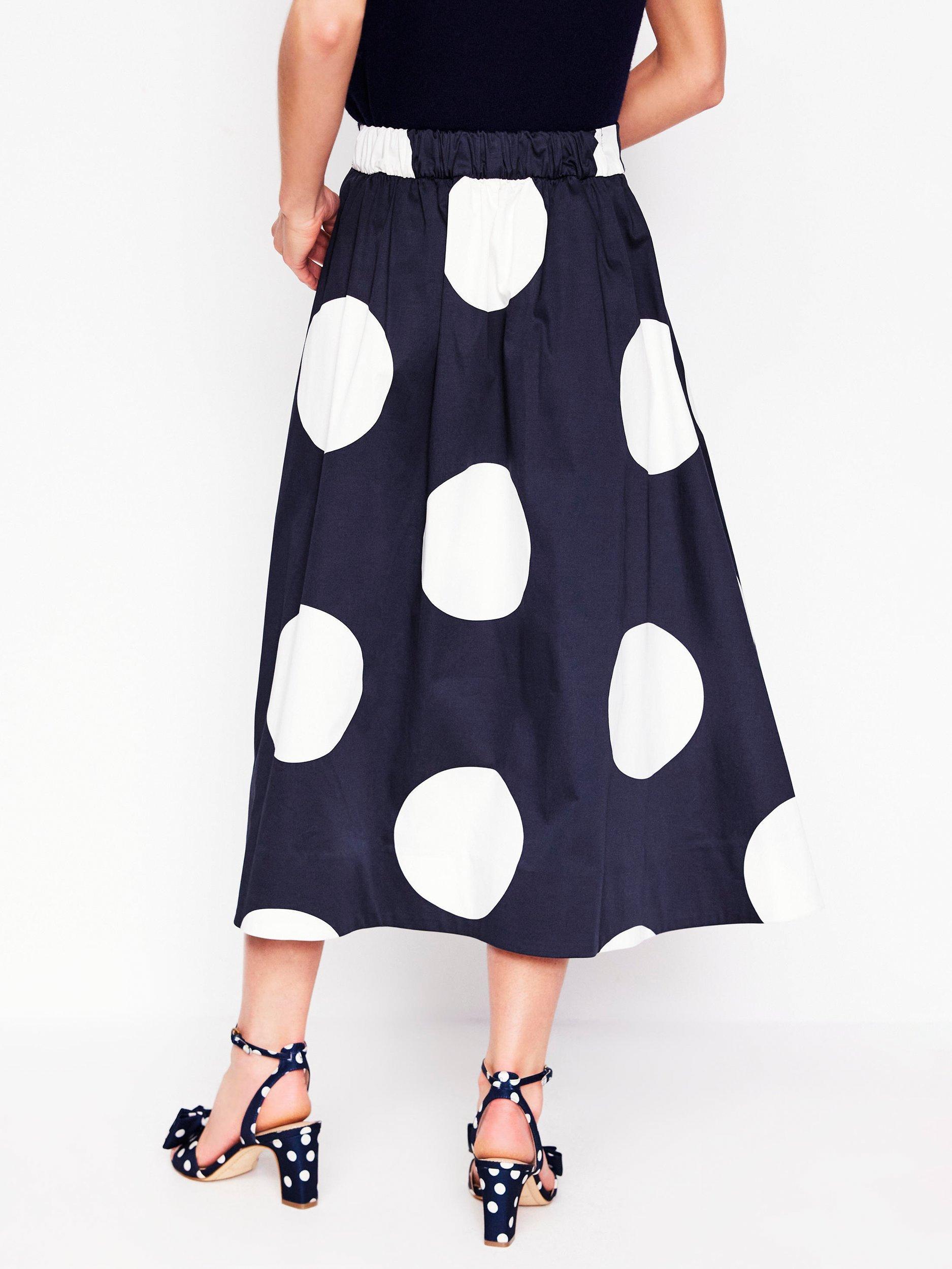 Product image 3 of 5, which shows Boden Isabella Sateen Polka Dot Midi Skirt, Navy, 8
