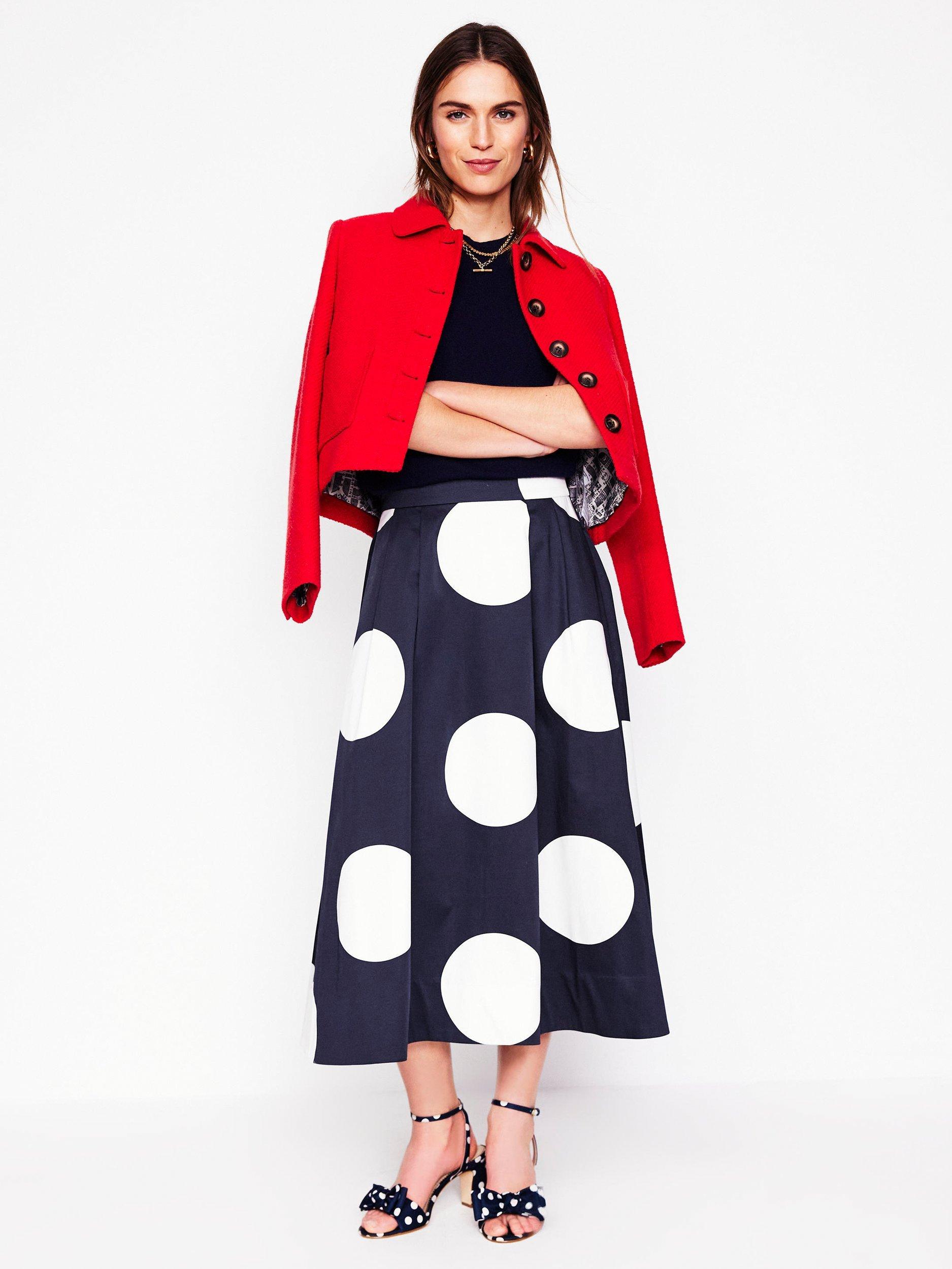 Product image 4 of 5, which shows Boden Isabella Sateen Polka Dot Midi Skirt, Navy, 8