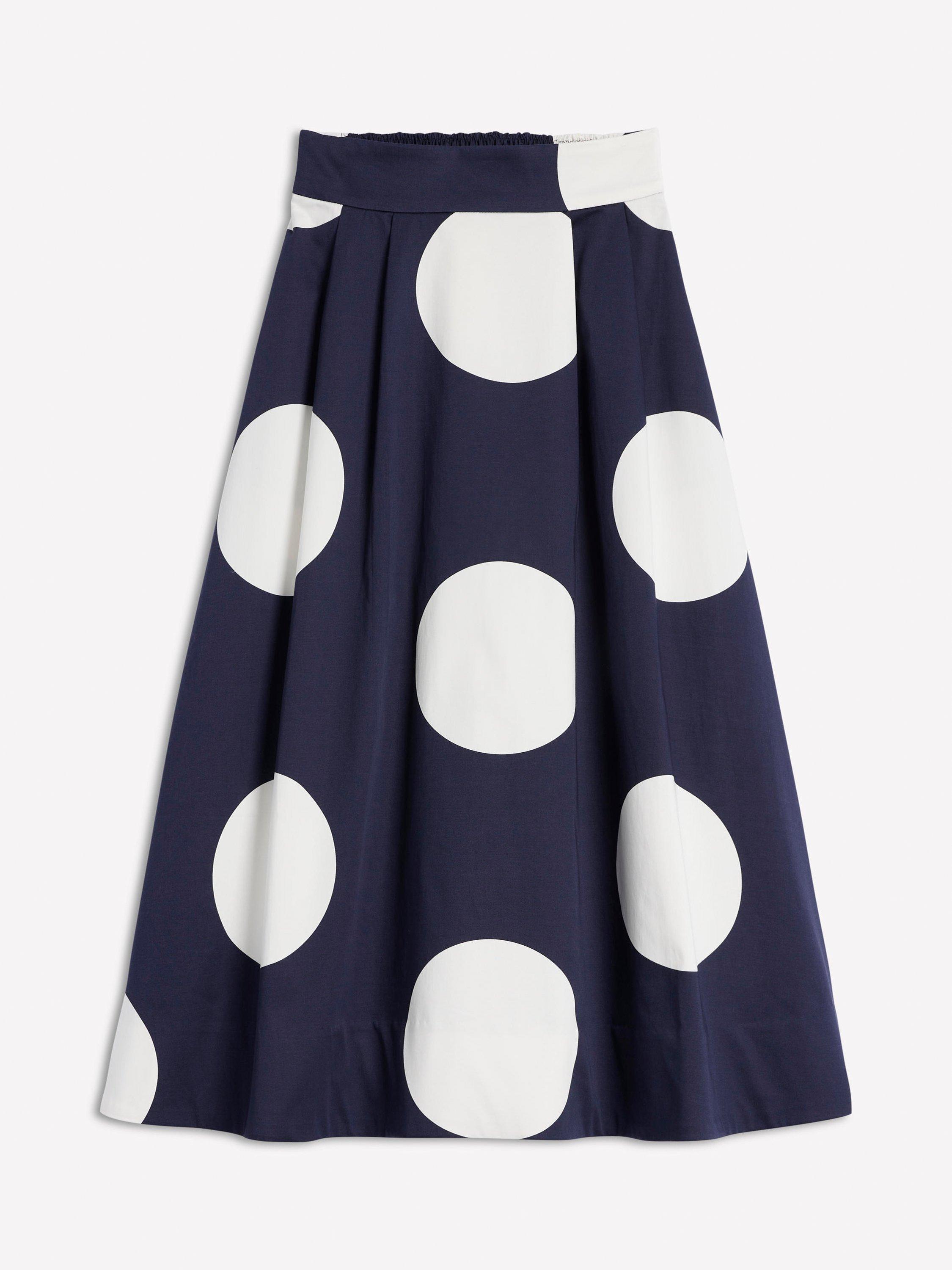 Product image 5 of 5, which shows Boden Isabella Sateen Polka Dot Midi Skirt, Navy, 8