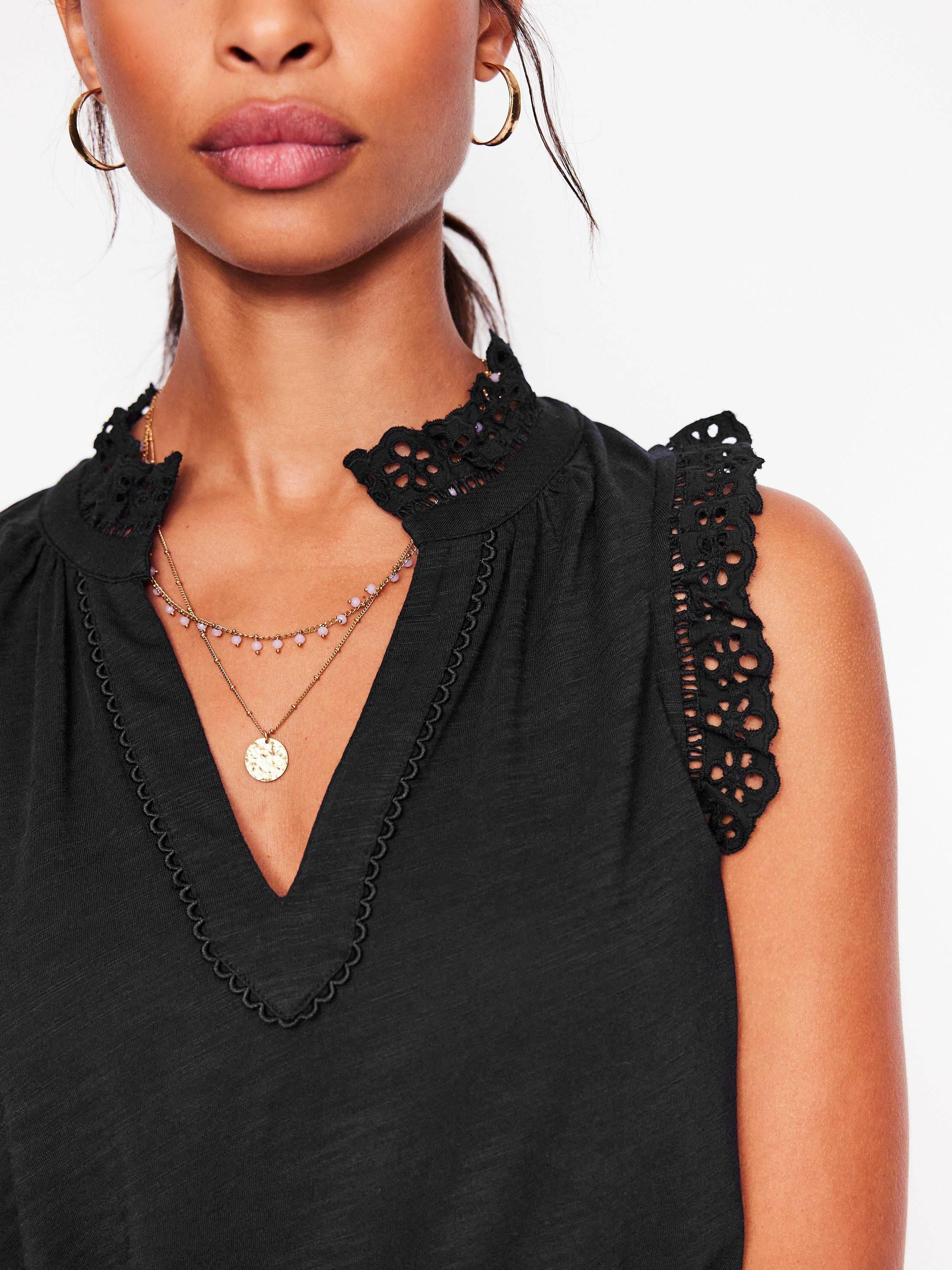 Product image 2 of 5, which shows Boden Aria Broderie Trim Vest Top, Black, 8