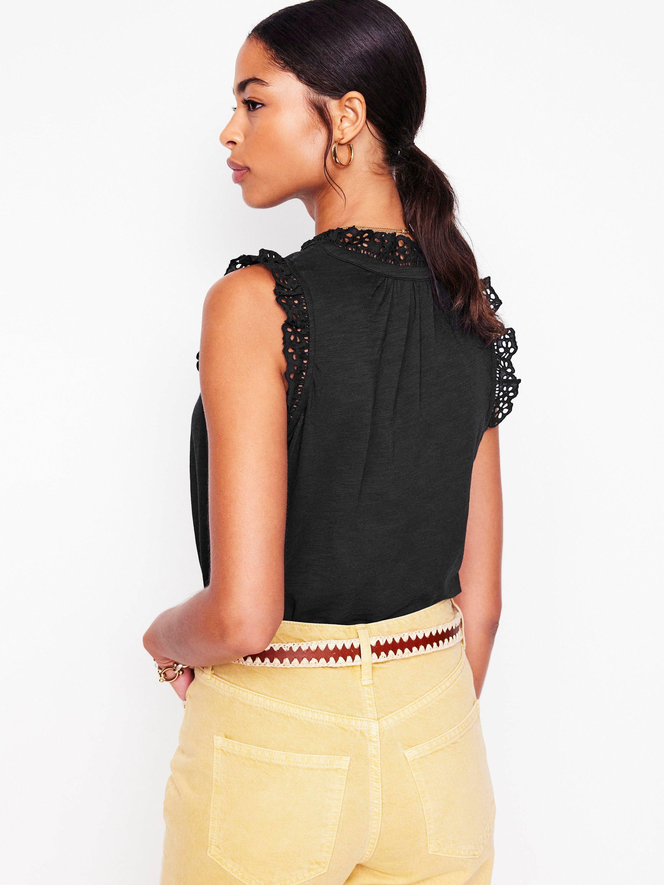 Product image 3 of 5, which shows Boden Aria Broderie Trim Vest Top, Black, 8