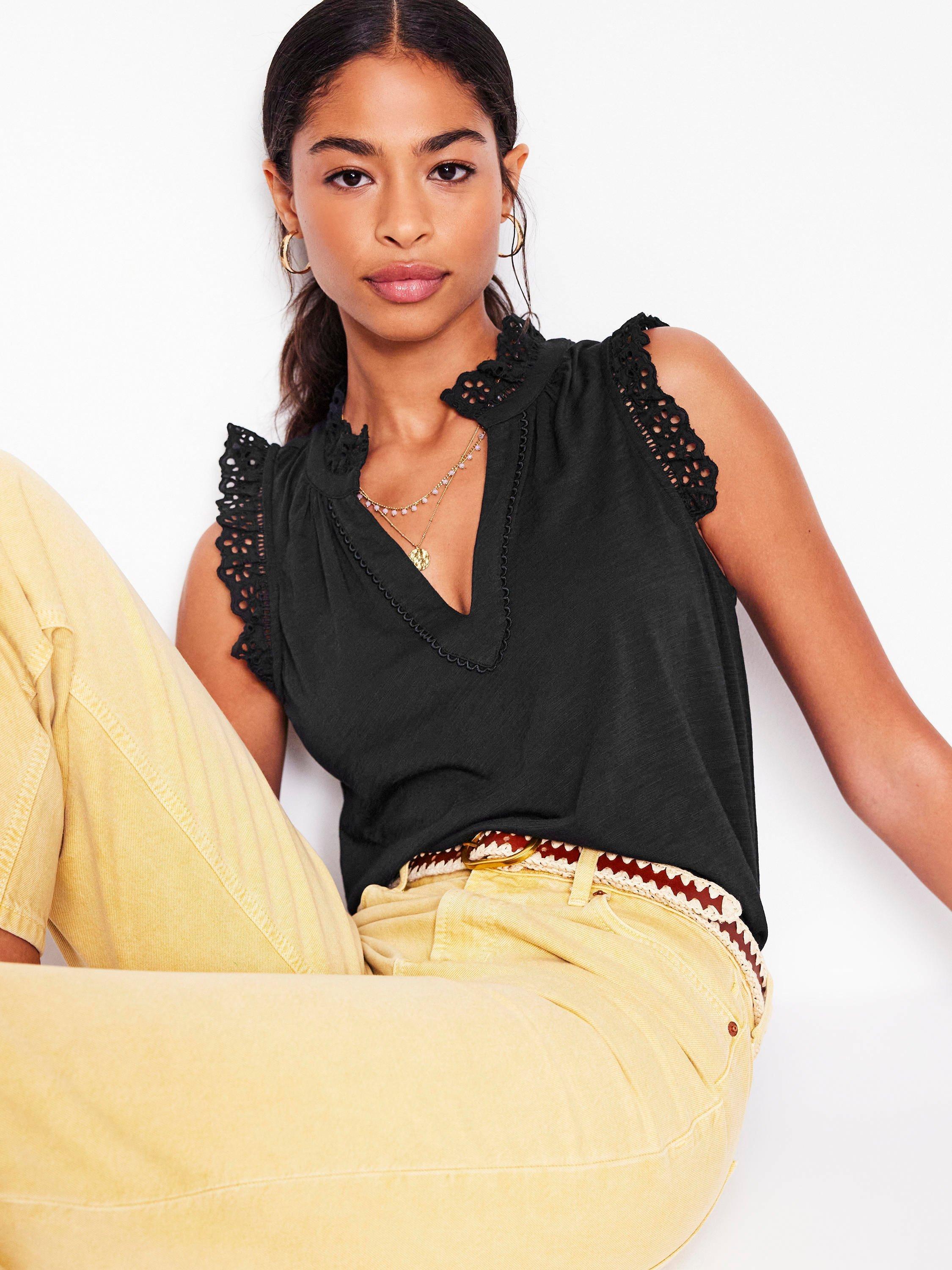 Product image 4 of 5, which shows Boden Aria Broderie Trim Vest Top, Black, 8