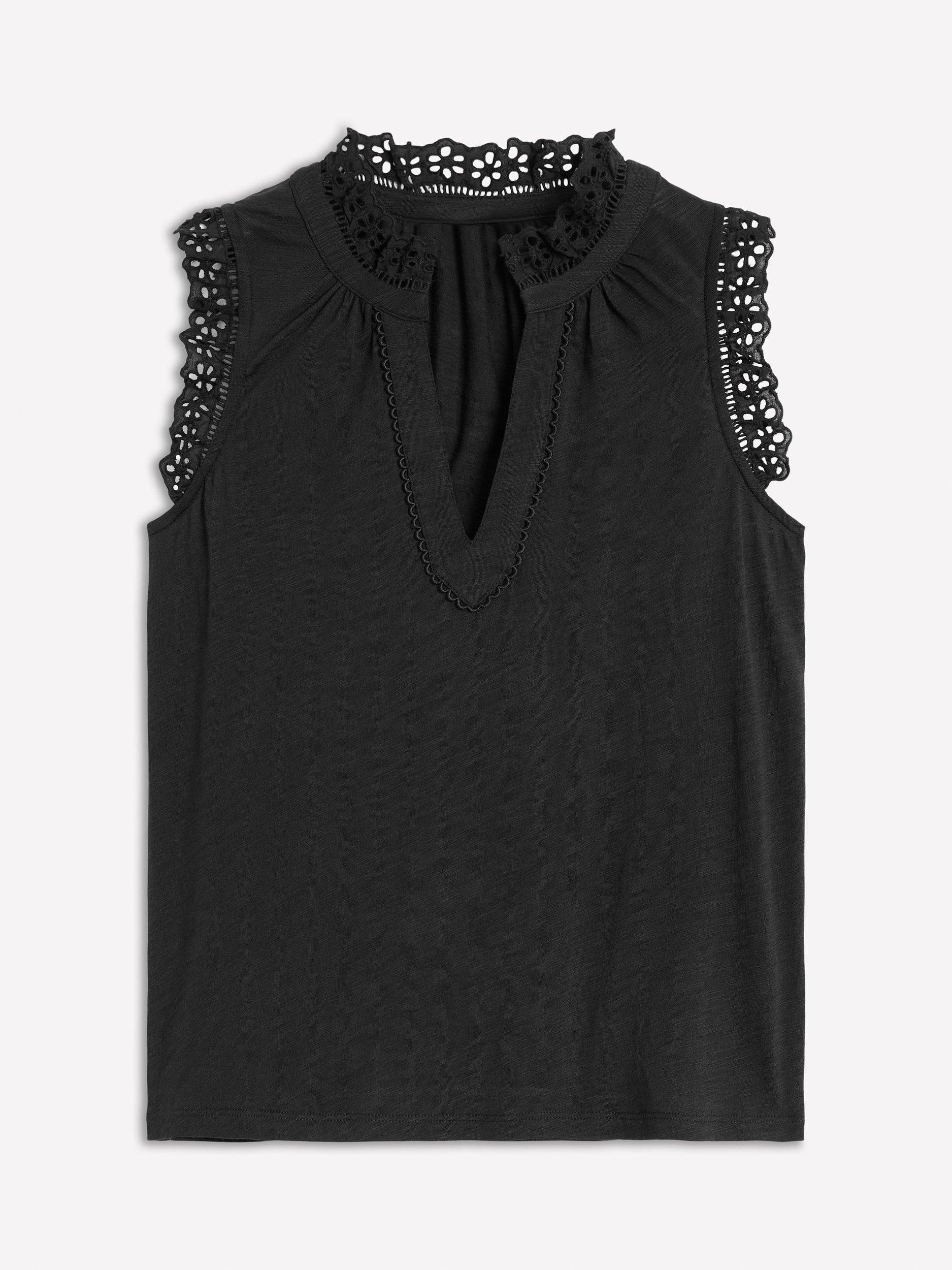 Product image 5 of 5, which shows Boden Aria Broderie Trim Vest Top, Black, 8