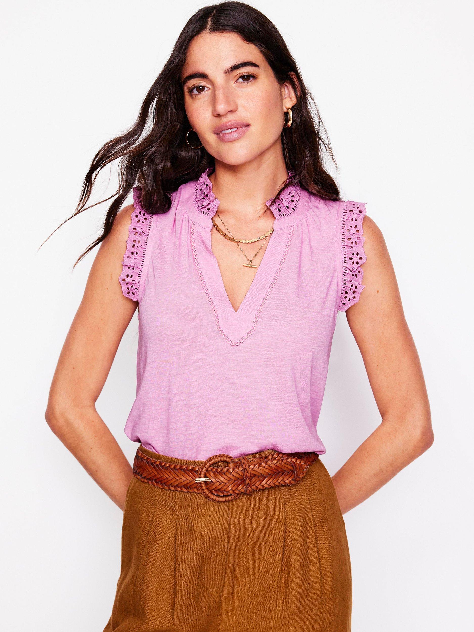 Product image 1 of 5, which shows Boden Aria Broderie Trim Vest Top, Soft Lavender, 8