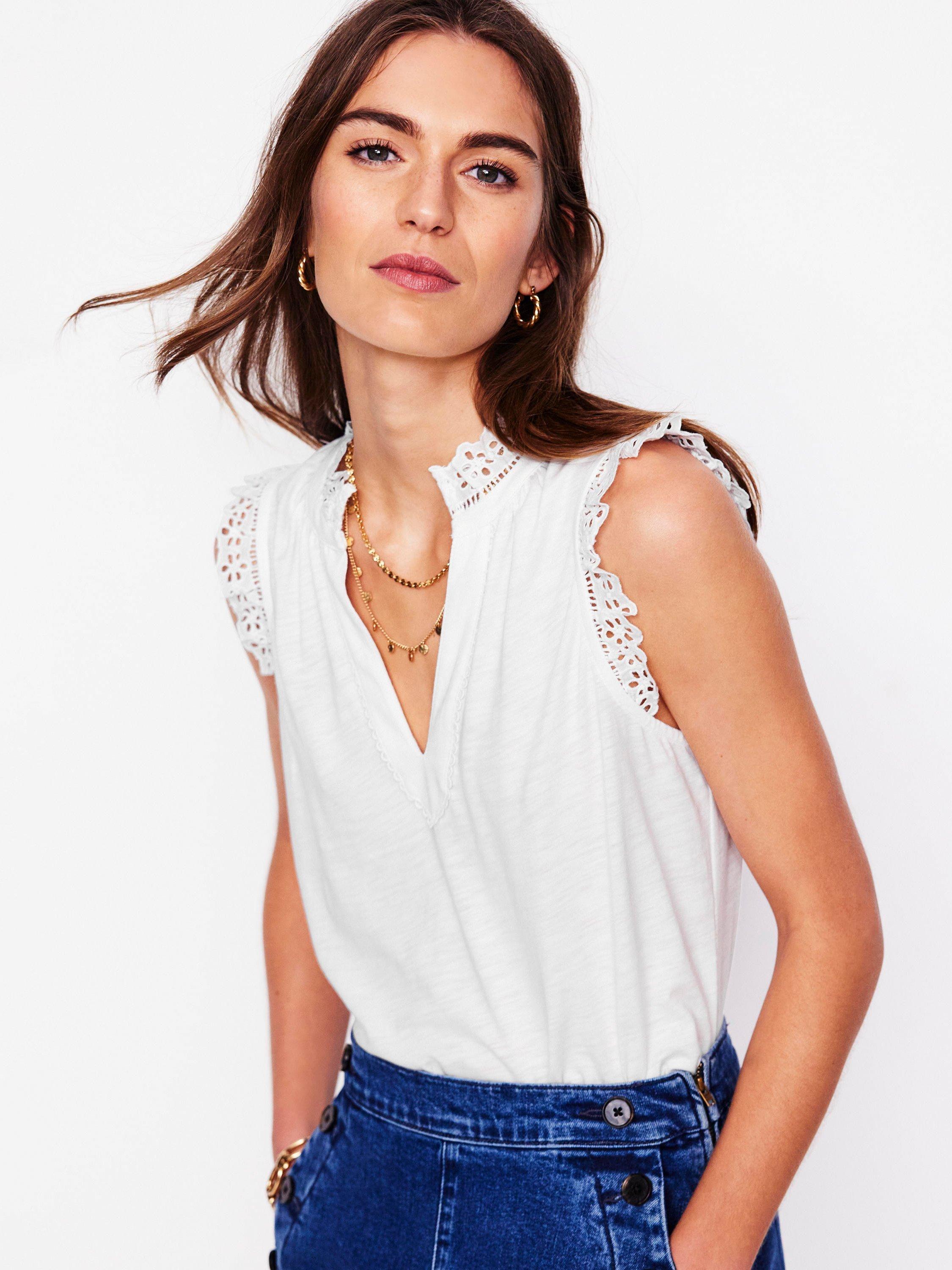 Product image 1 of 5, which shows Boden Aria Broderie Trim Vest Top, White, 8