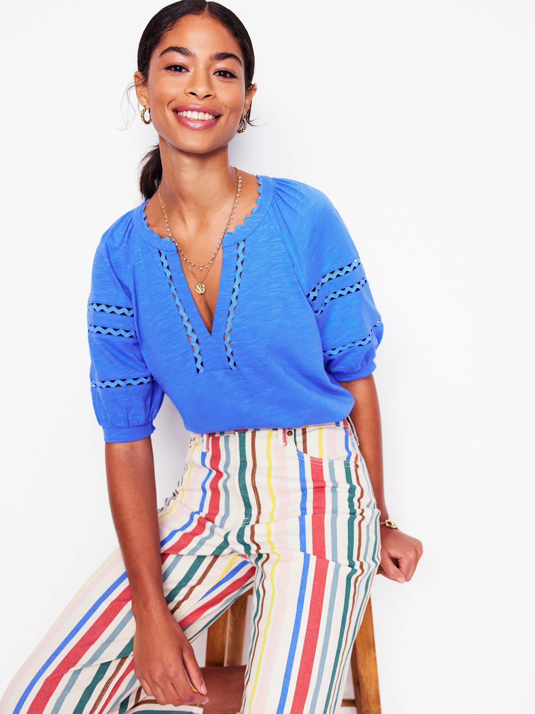Product image 1 of 5, which shows Boden Maisy Linen Rikrak Trim Short Sleeve Top, Ocean Blue, 8
