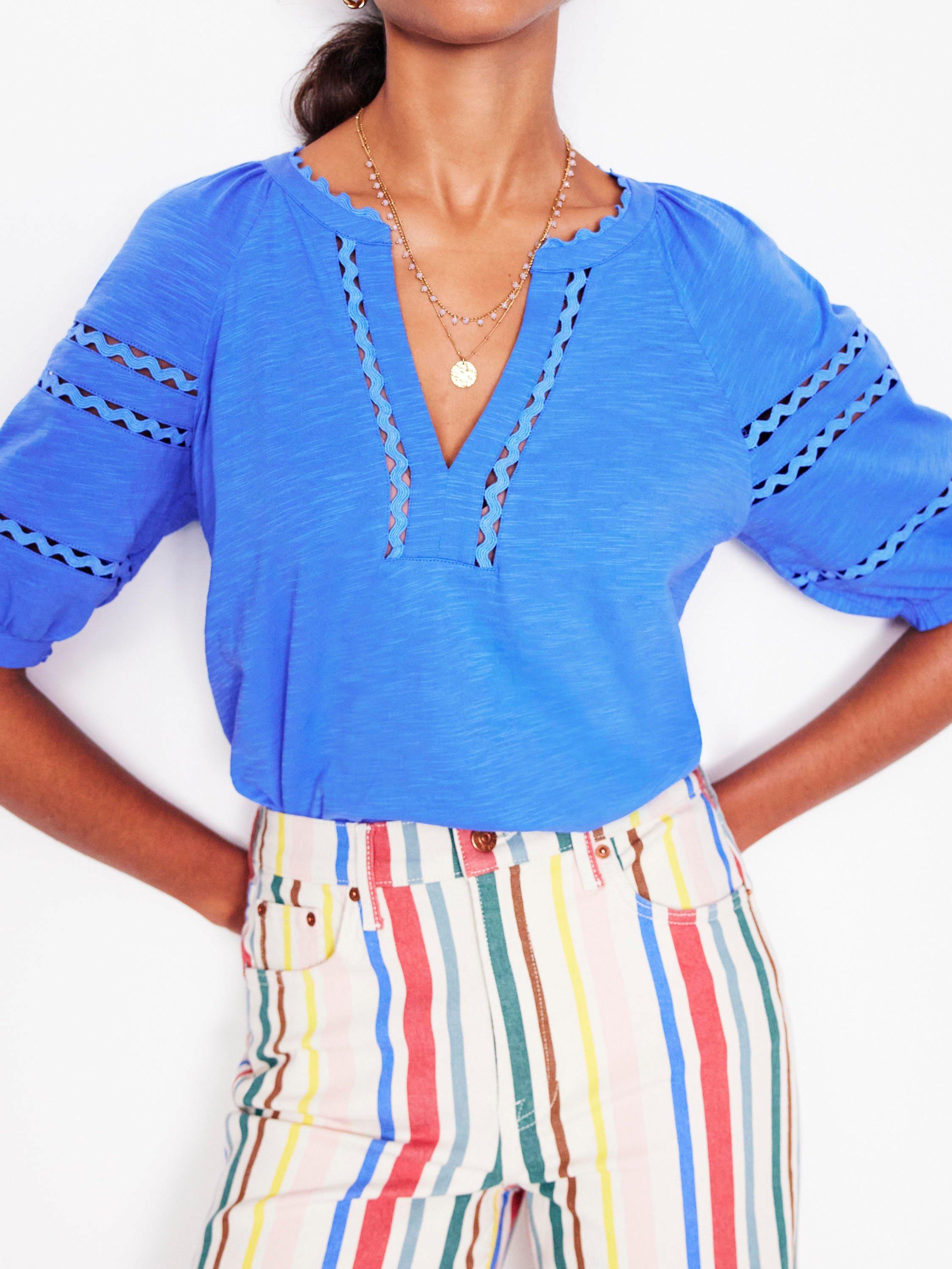 Product image 2 of 5, which shows Boden Maisy Linen Rikrak Trim Short Sleeve Top, Ocean Blue, 8