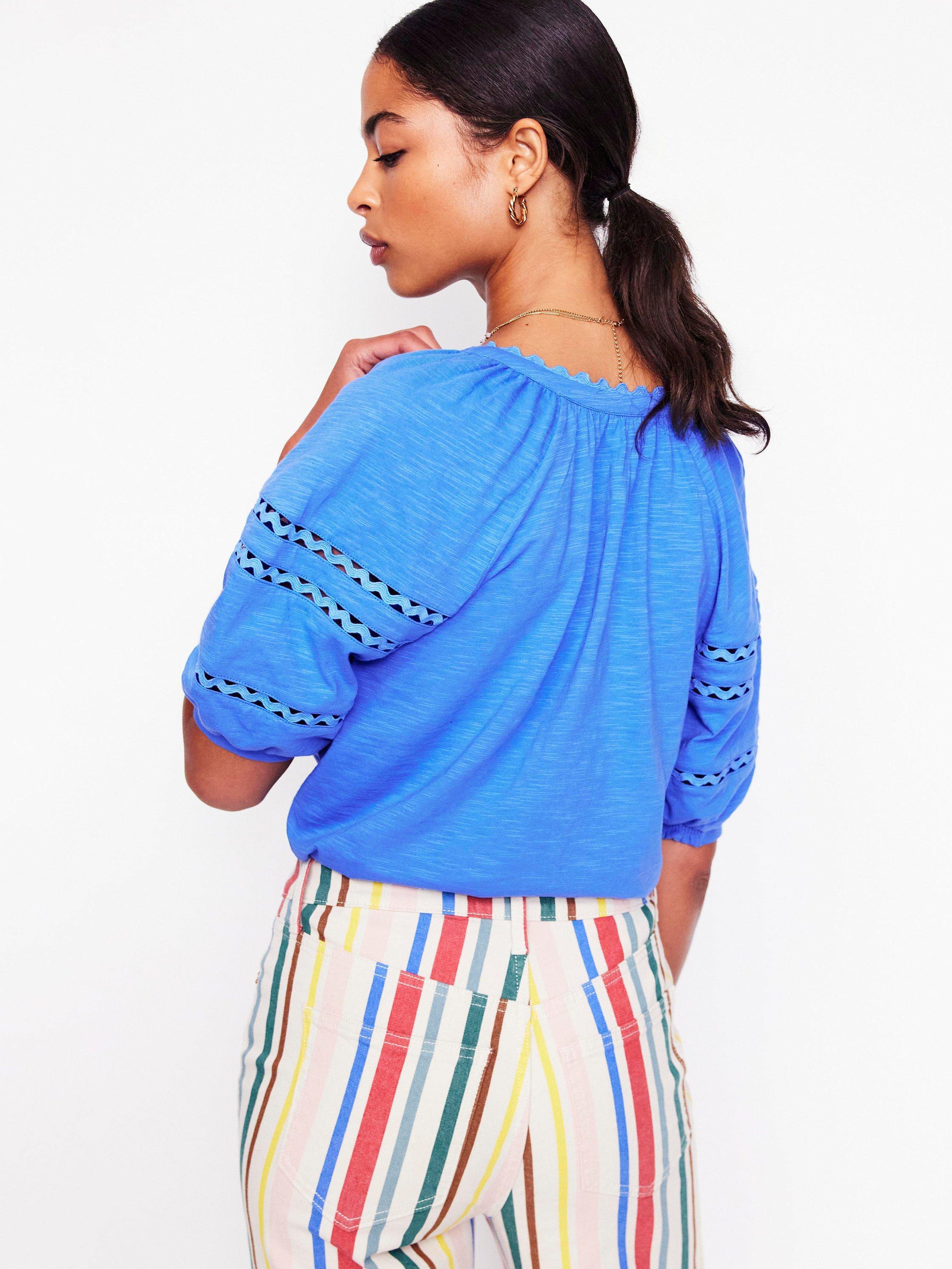 Product image 3 of 5, which shows Boden Maisy Linen Rikrak Trim Short Sleeve Top, Ocean Blue, 8