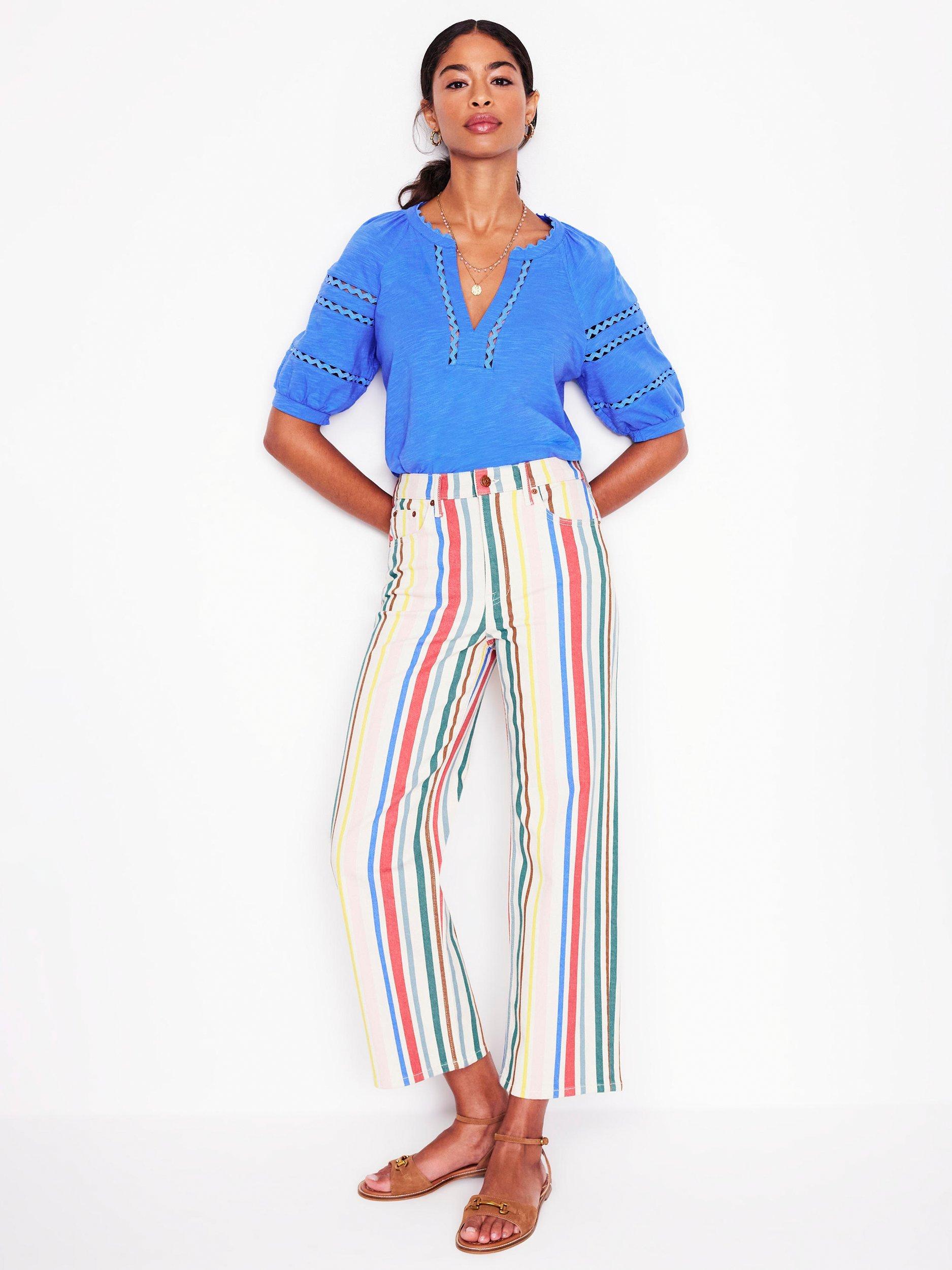 Product image 4 of 5, which shows Boden Maisy Linen Rikrak Trim Short Sleeve Top, Ocean Blue, 8