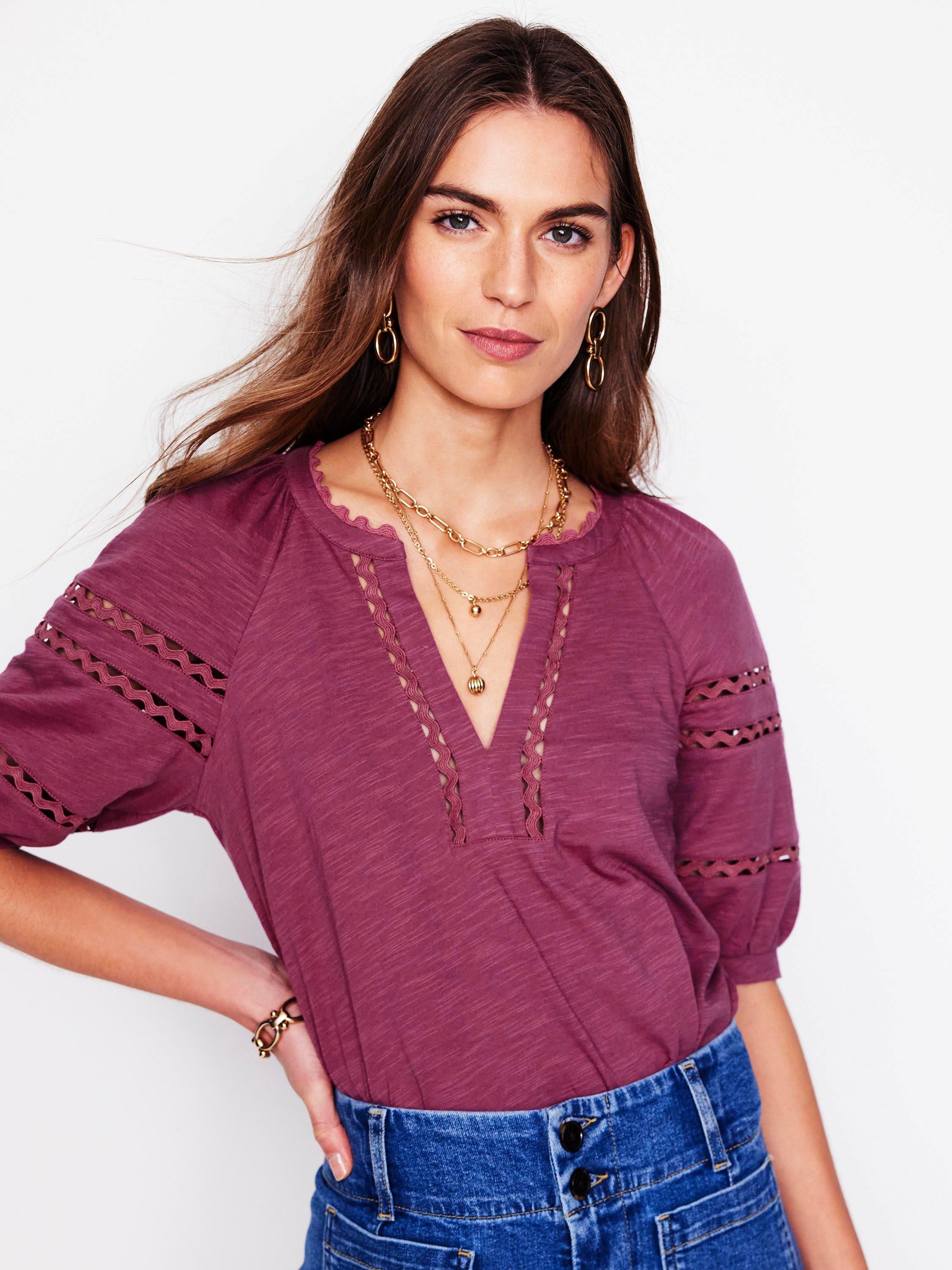 Product image 1 of 5, which shows Boden Maisy Linen Rikrak Trim Short Sleeve Top, Violet Quartz, 8